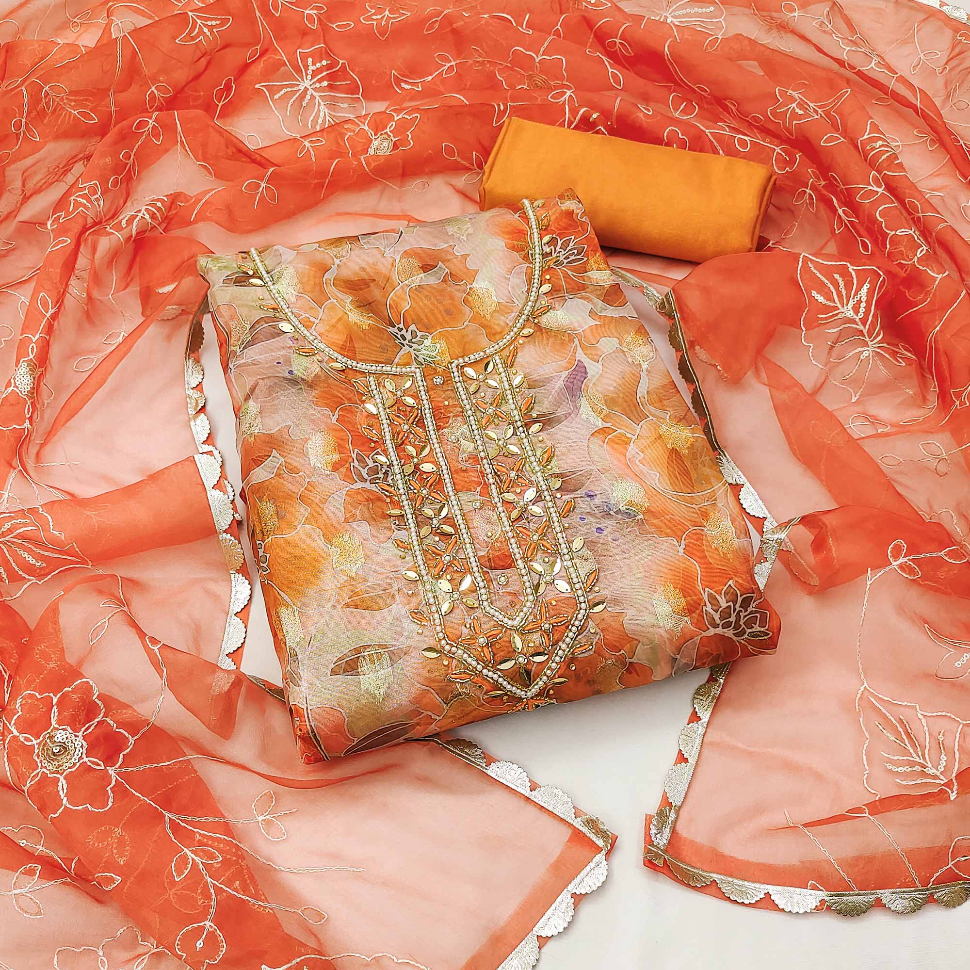 Orange Floral Digital Printed Organza Dress Material