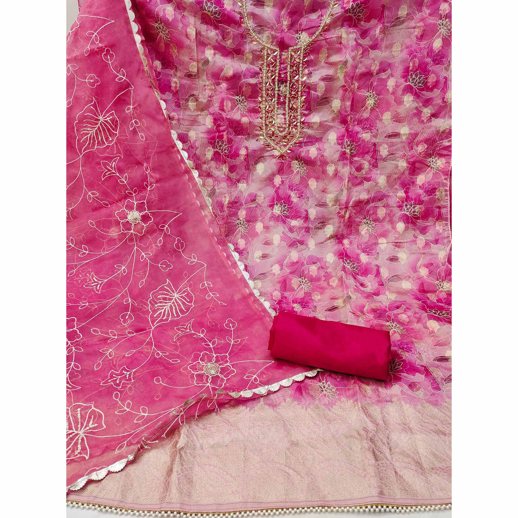 Pink Floral Digital Printed Organza Dress Material - Image 2