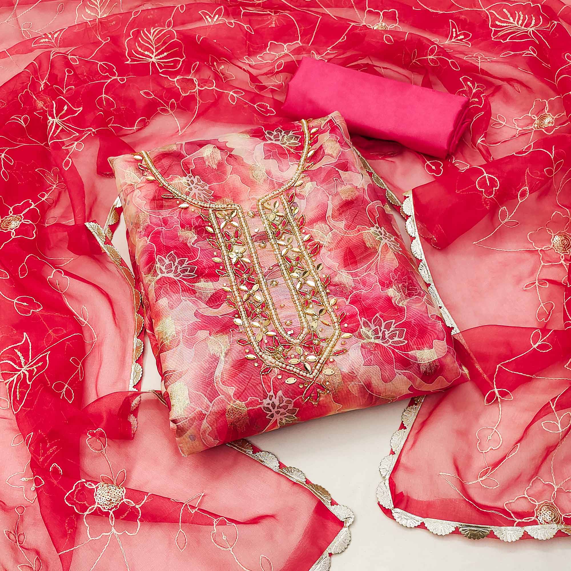 Rani Pink Floral Digital Printed Organza Dress Material