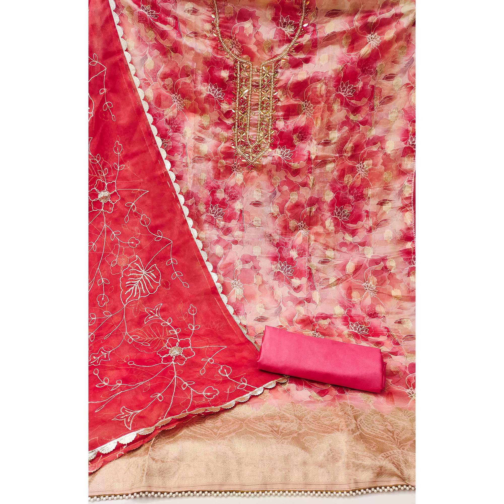Rani Pink Floral Digital Printed Organza Dress Material - Image 2