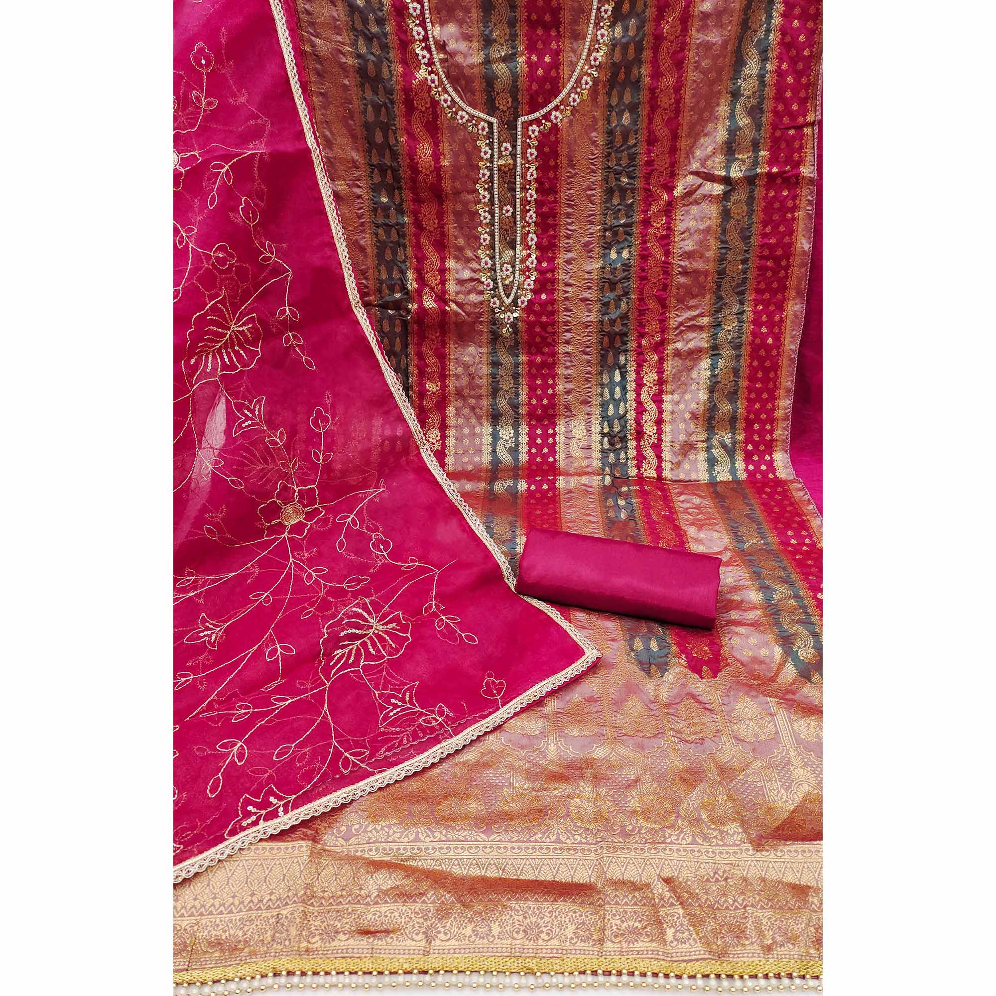 Pink Woven With Handwork Banarasi Silk Dress Material - Image 2