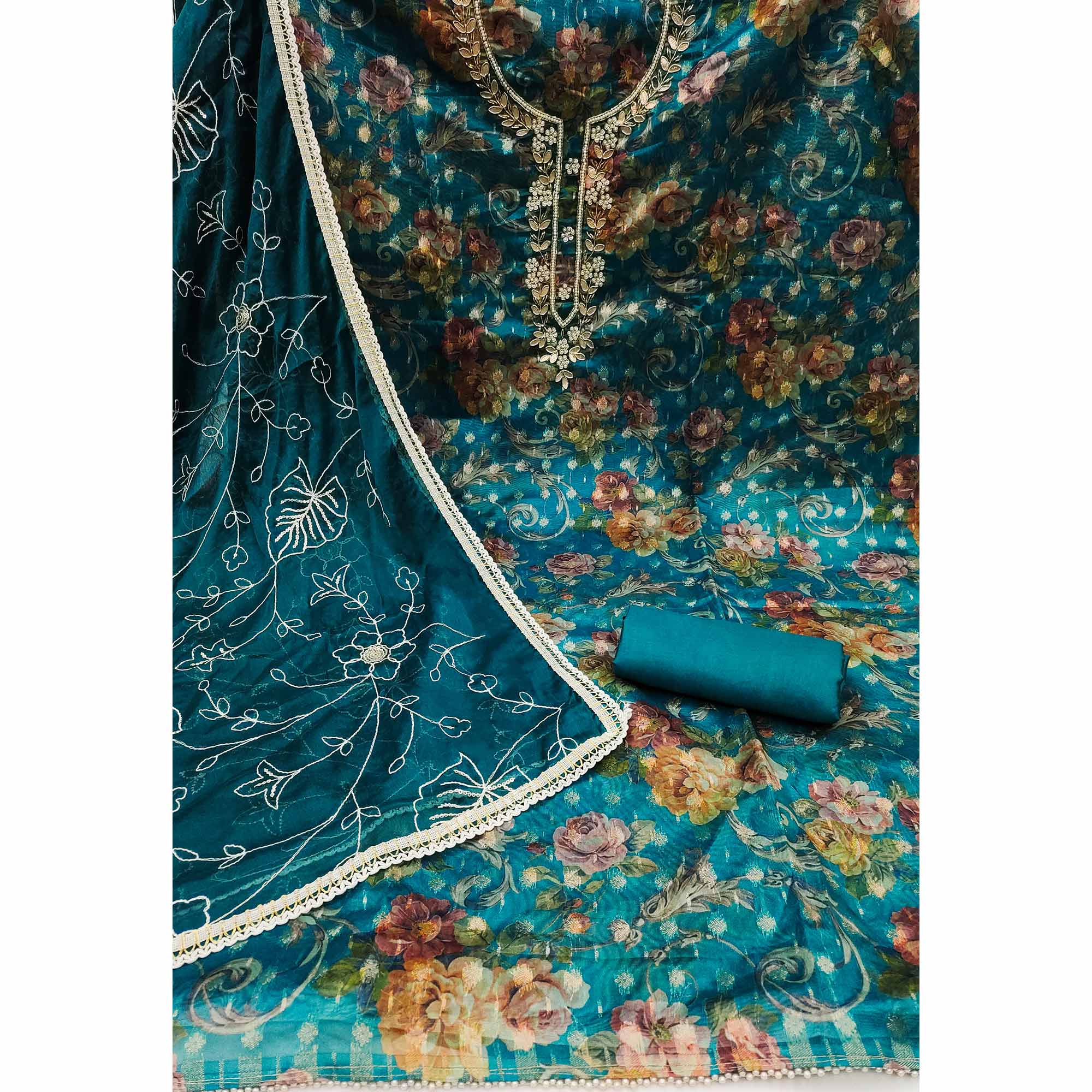 Morpich Floral Digital Printed With Moti Work Organza Dress Material - Image 2