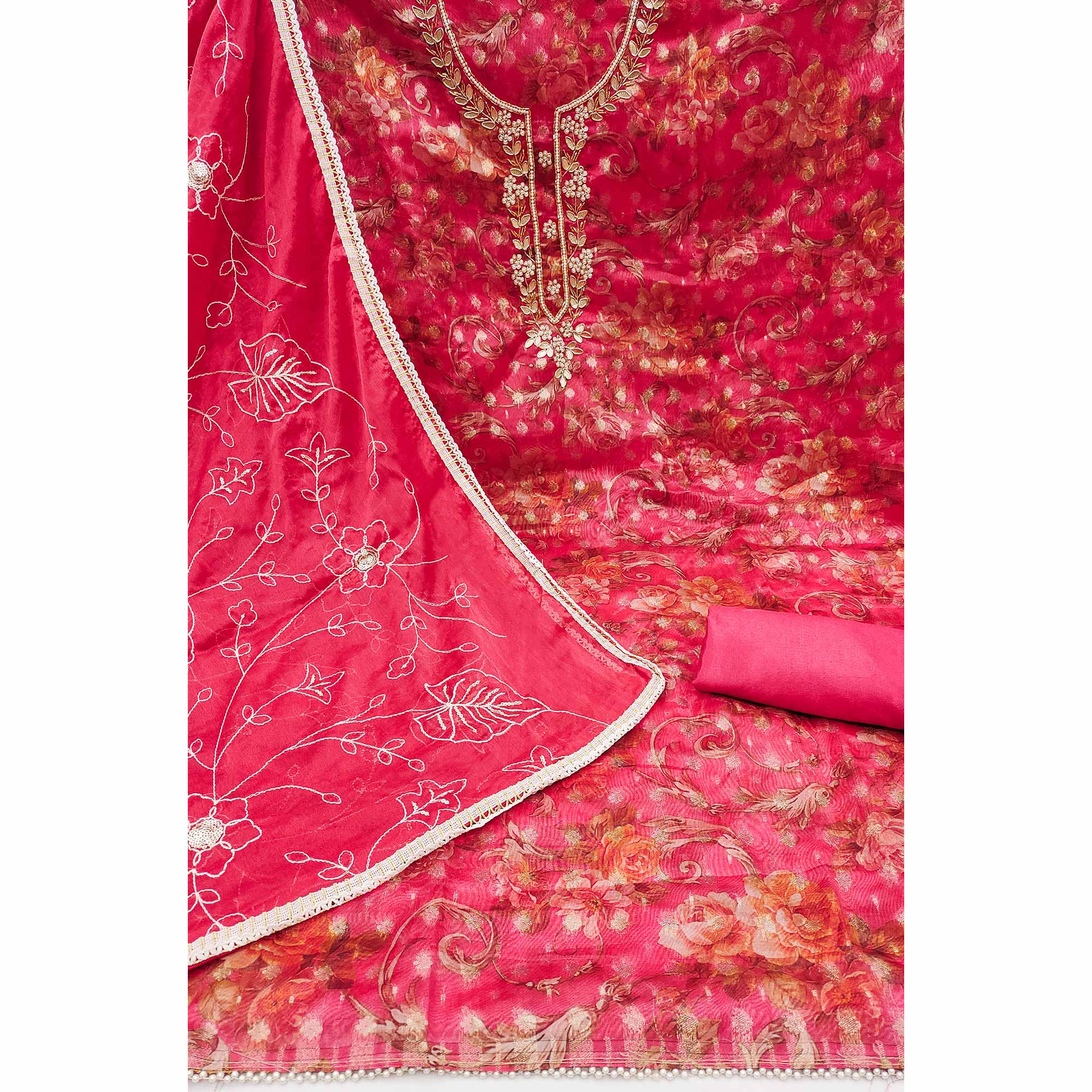 Pink Floral Digital Printed With Moti Work Organza Dress Material - Image 2