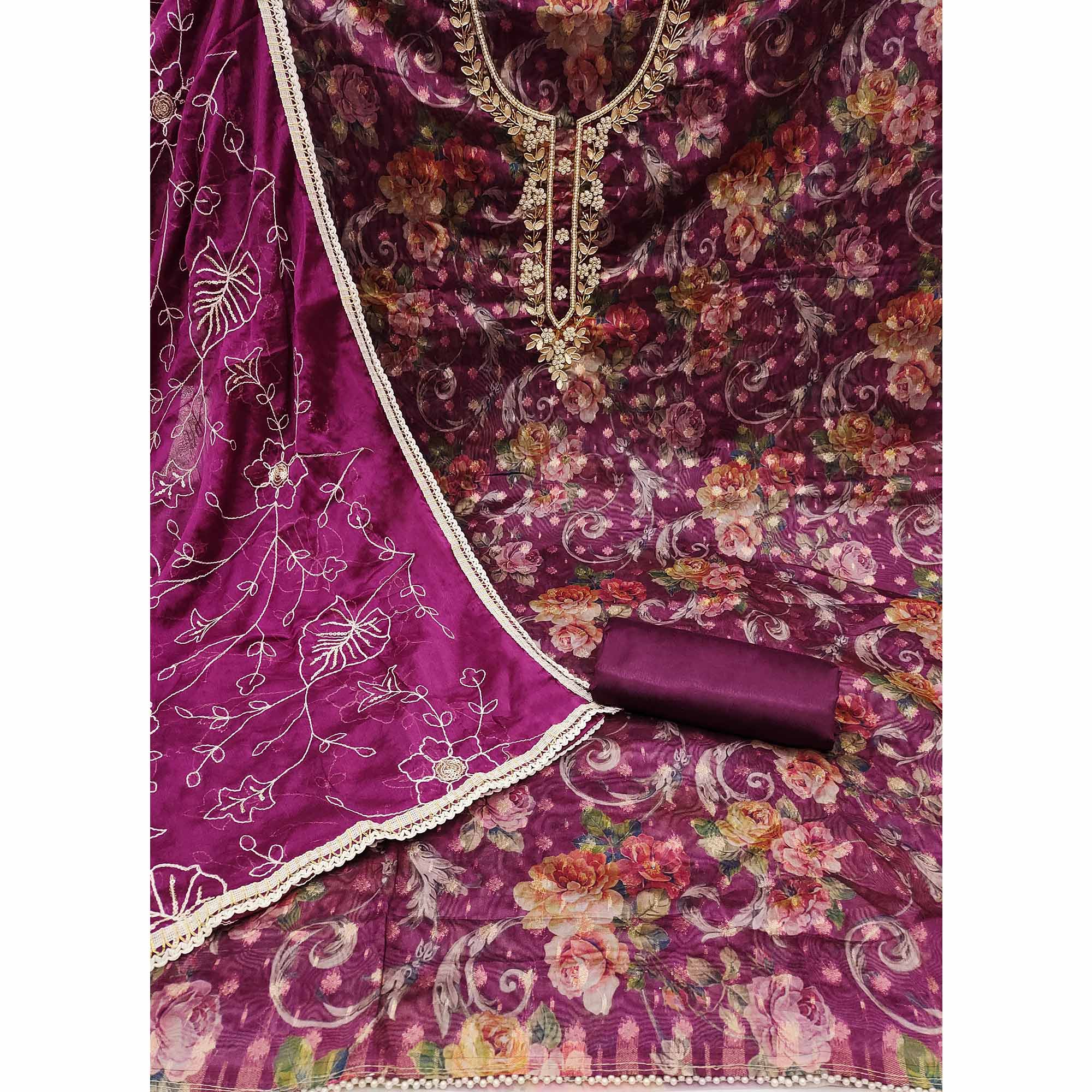 Purple Floral Digital Printed With Moti Work Organza Dress Material - Image 2