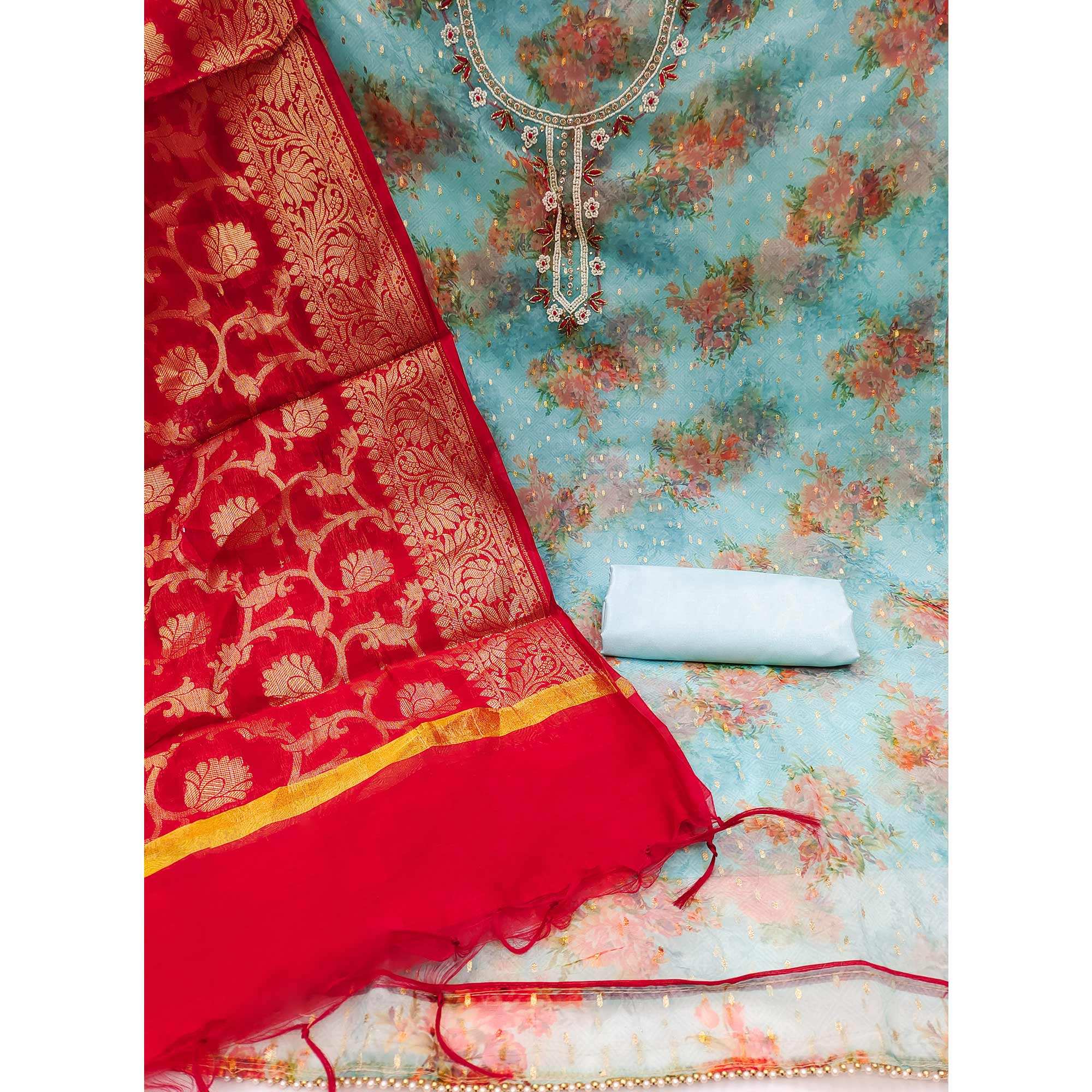 Blue Floral Digital Printed With Handwork Organza Dress Material - Image 2