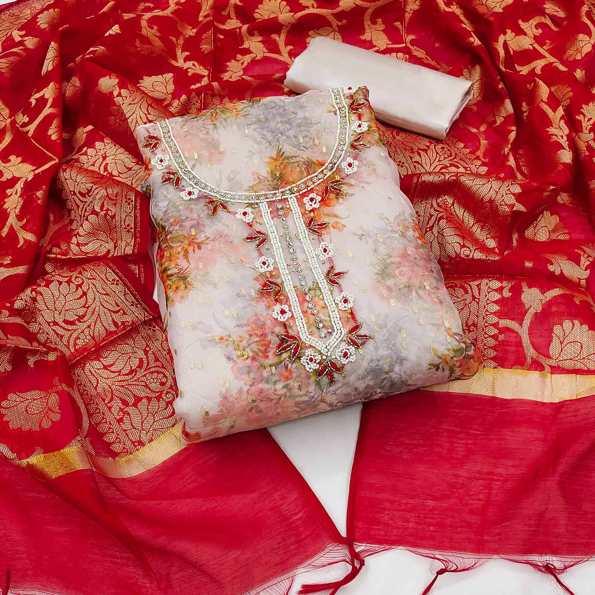 Peach Floral Digital Printed With Handwork Organza Dress Material