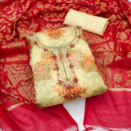Yellow Floral Digital Printed With Handwork Organza Dress Material