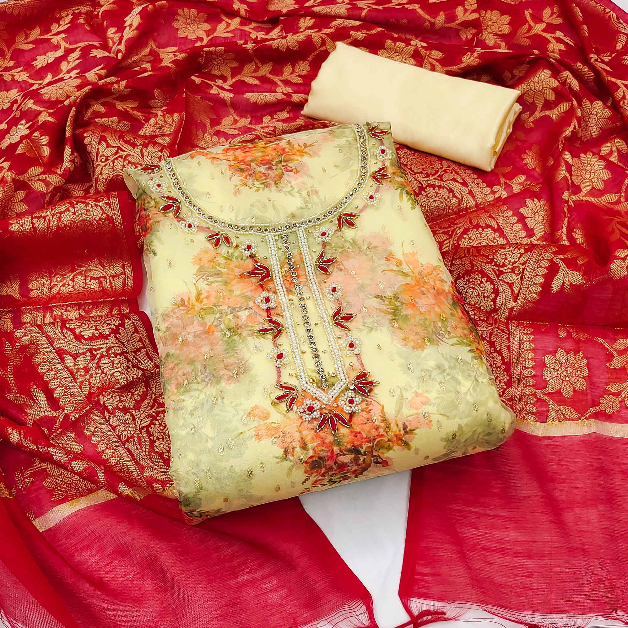 Yellow Floral Digital Printed With Handwork Organza Dress Material