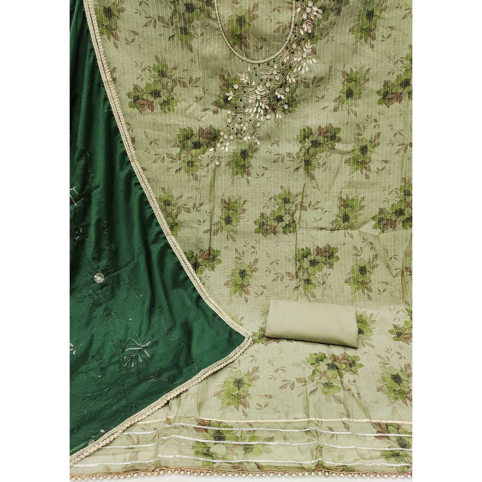 Green Floral Digital Printed With Handwork Chanderi Silk Dress Material - Image 2