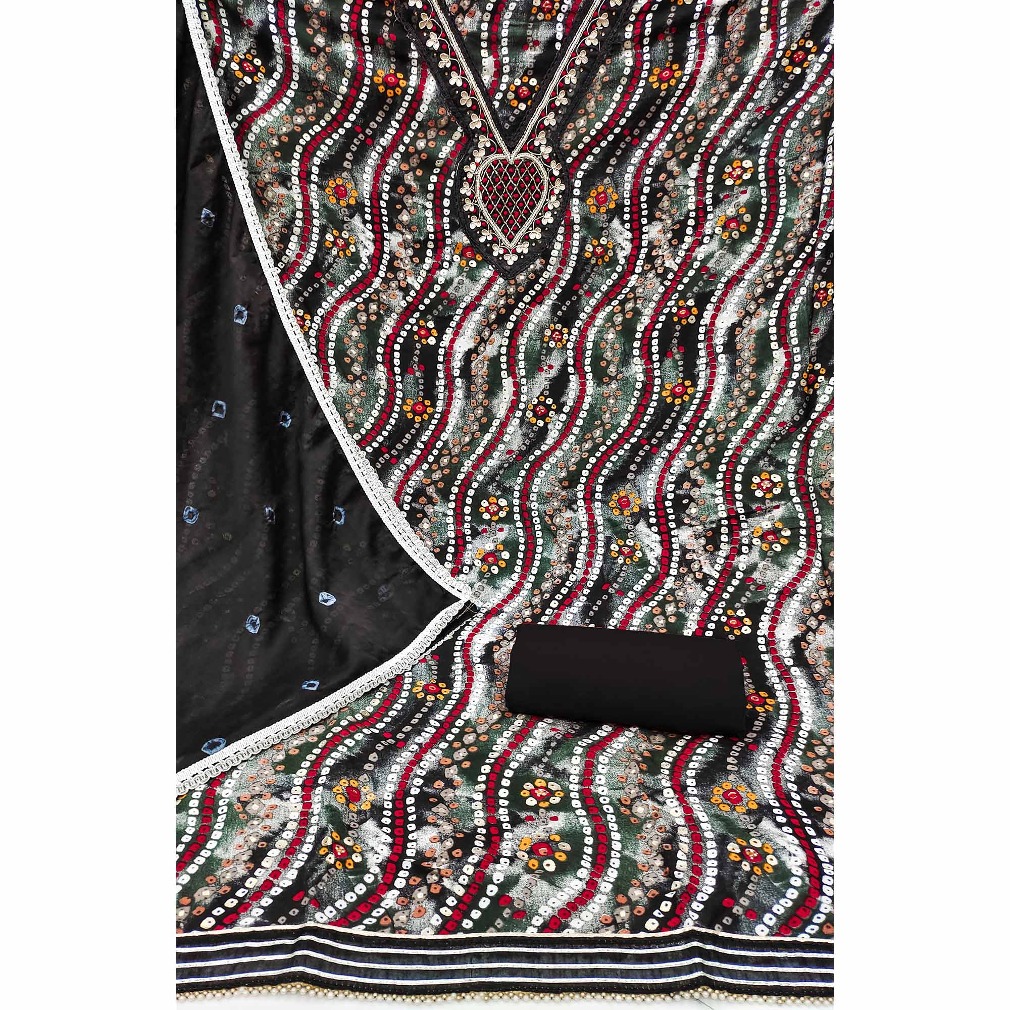 Black Bandhani Printed With Handwork Pure Cotton Dress Material - Image 2