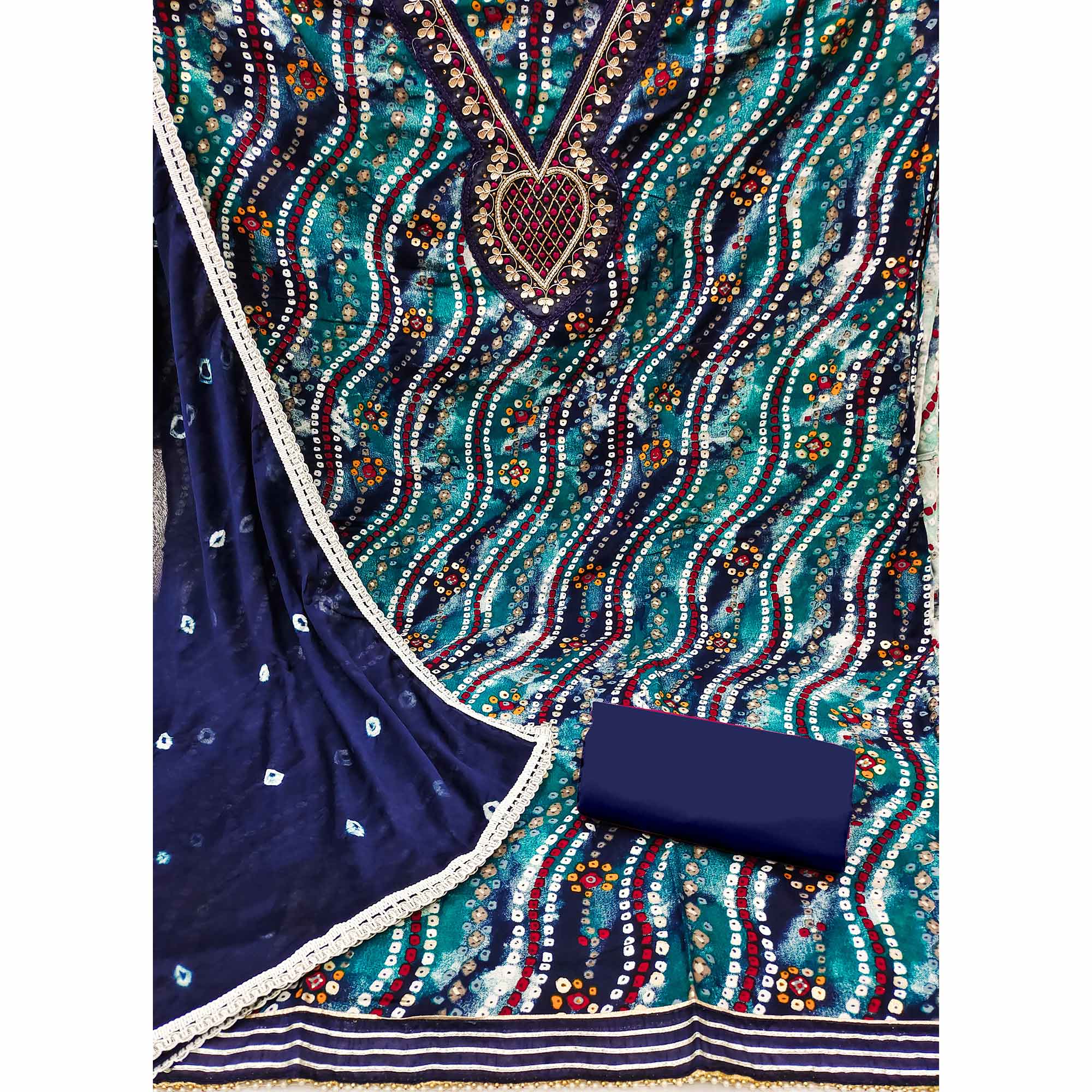 Blue Bandhani Printed With Handwork Pure Cotton Dress Material - Image 2