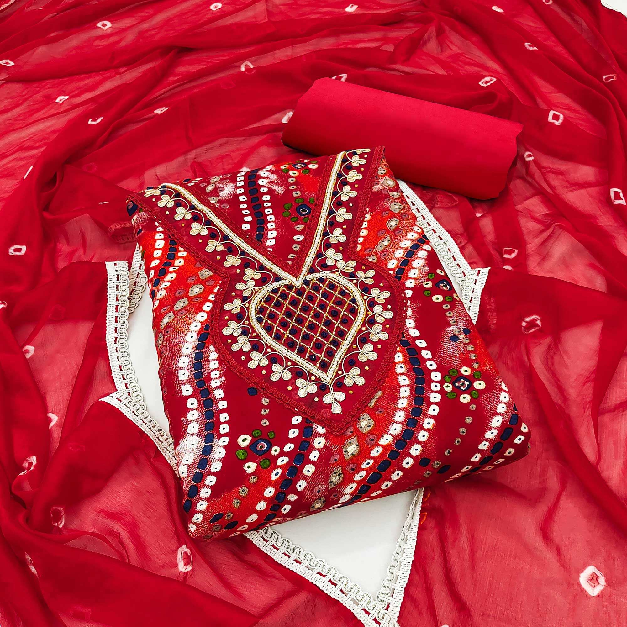 Red Bandhani Printed With Handwork Pure Cotton Dress Material