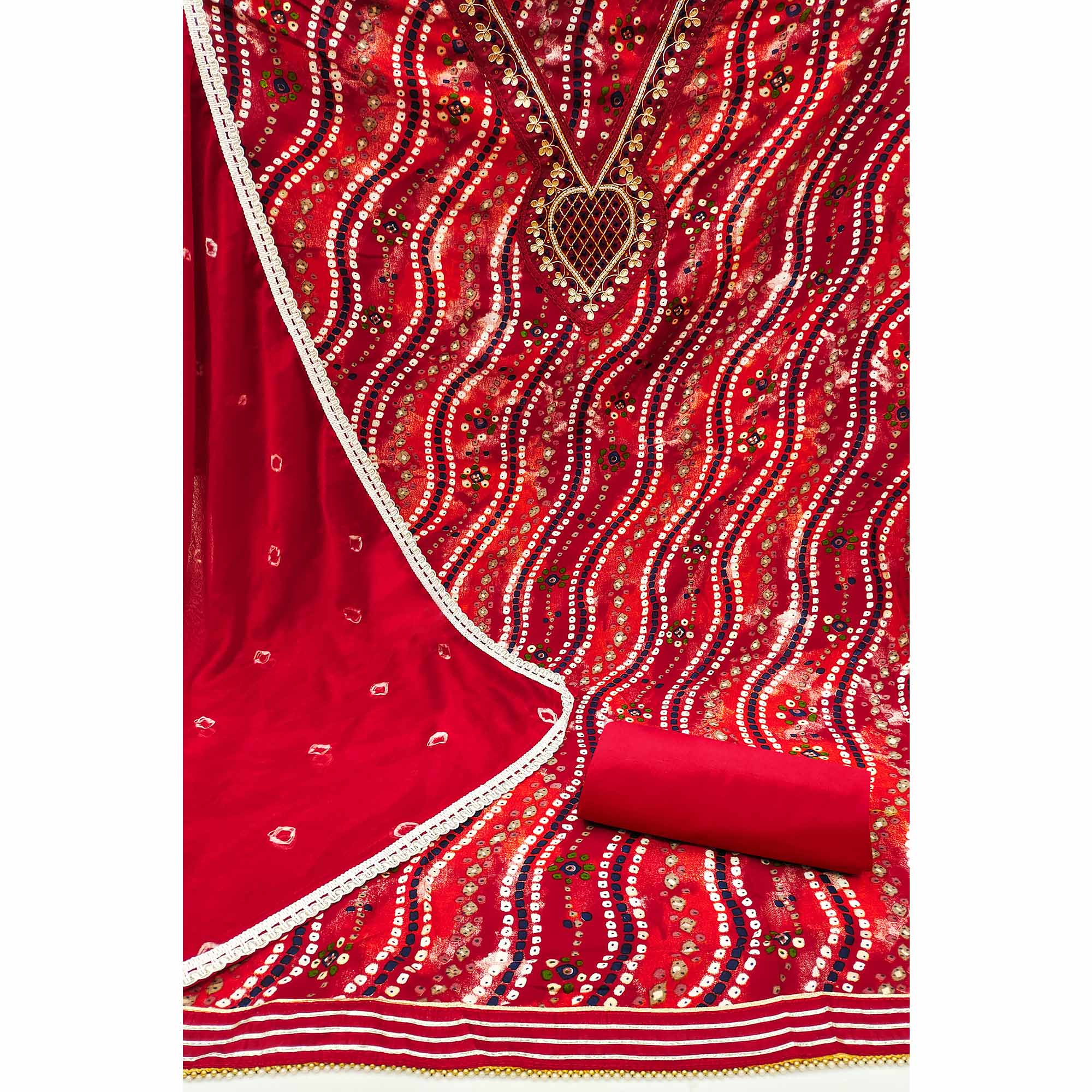 Red Bandhani Printed With Handwork Pure Cotton Dress Material - Image 2
