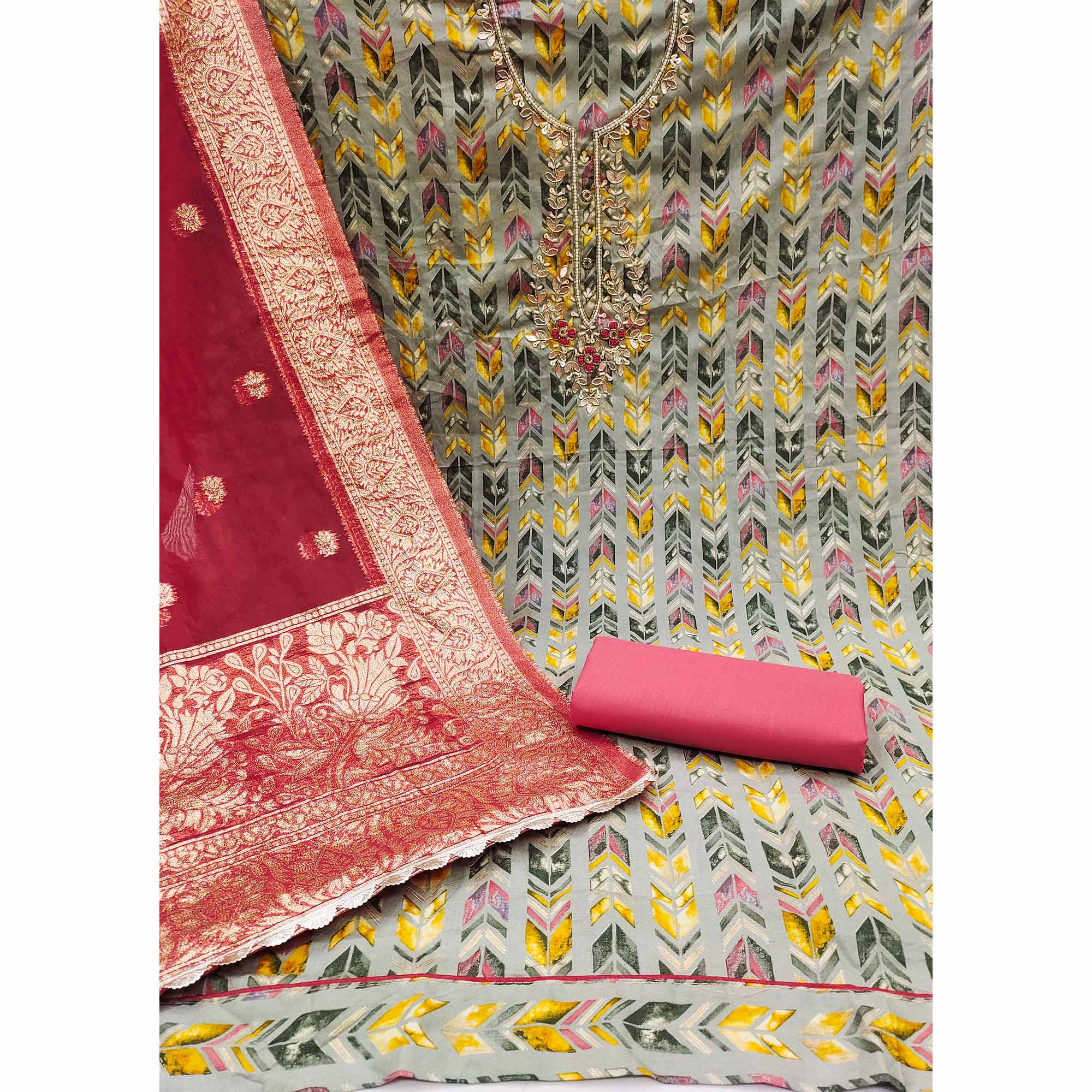 Grey Digital Printed With Handwork Pure Cotton Dress Material - Image 2