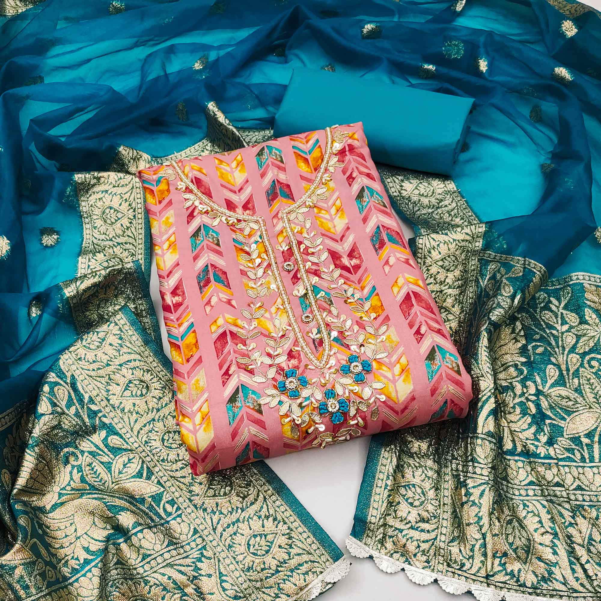 Pink Digital Printed With Handwork Pure Cotton Dress Material