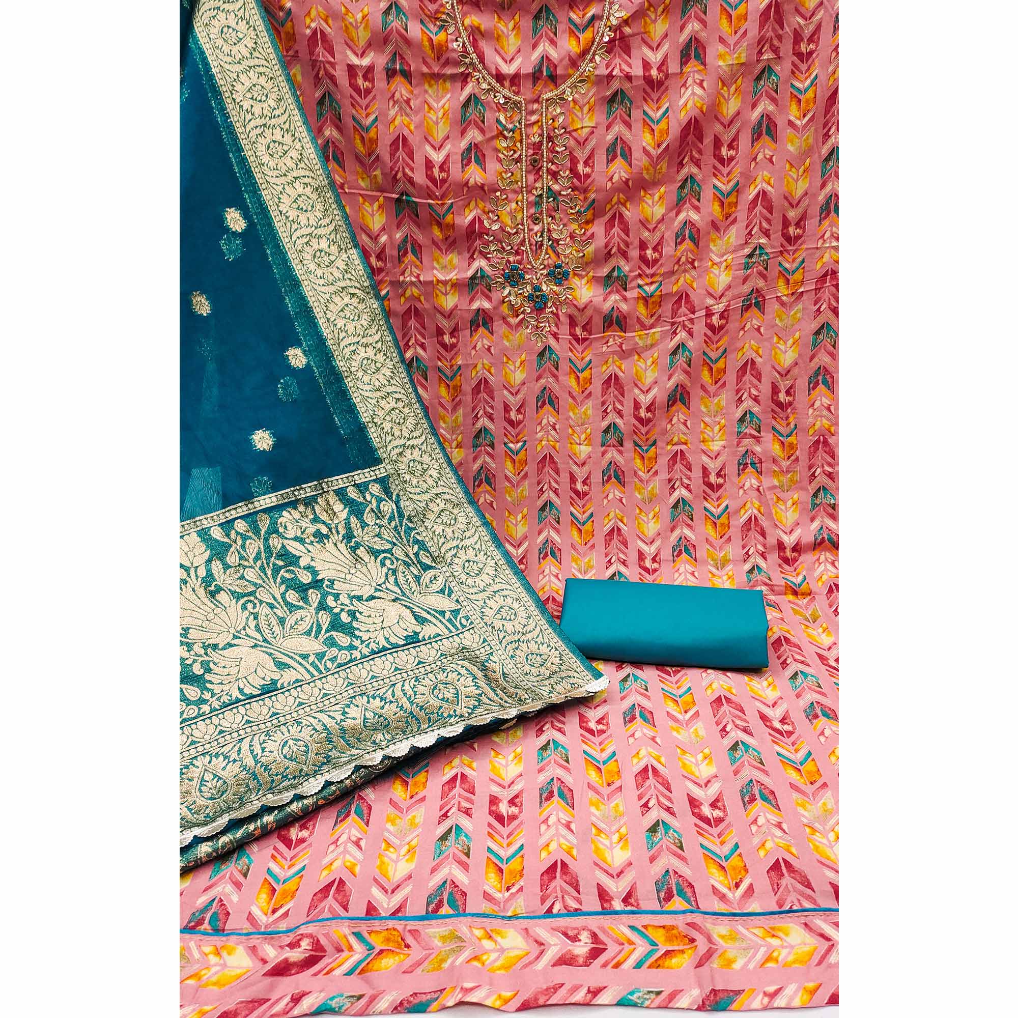 Pink Digital Printed With Handwork Pure Cotton Dress Material - Image 2