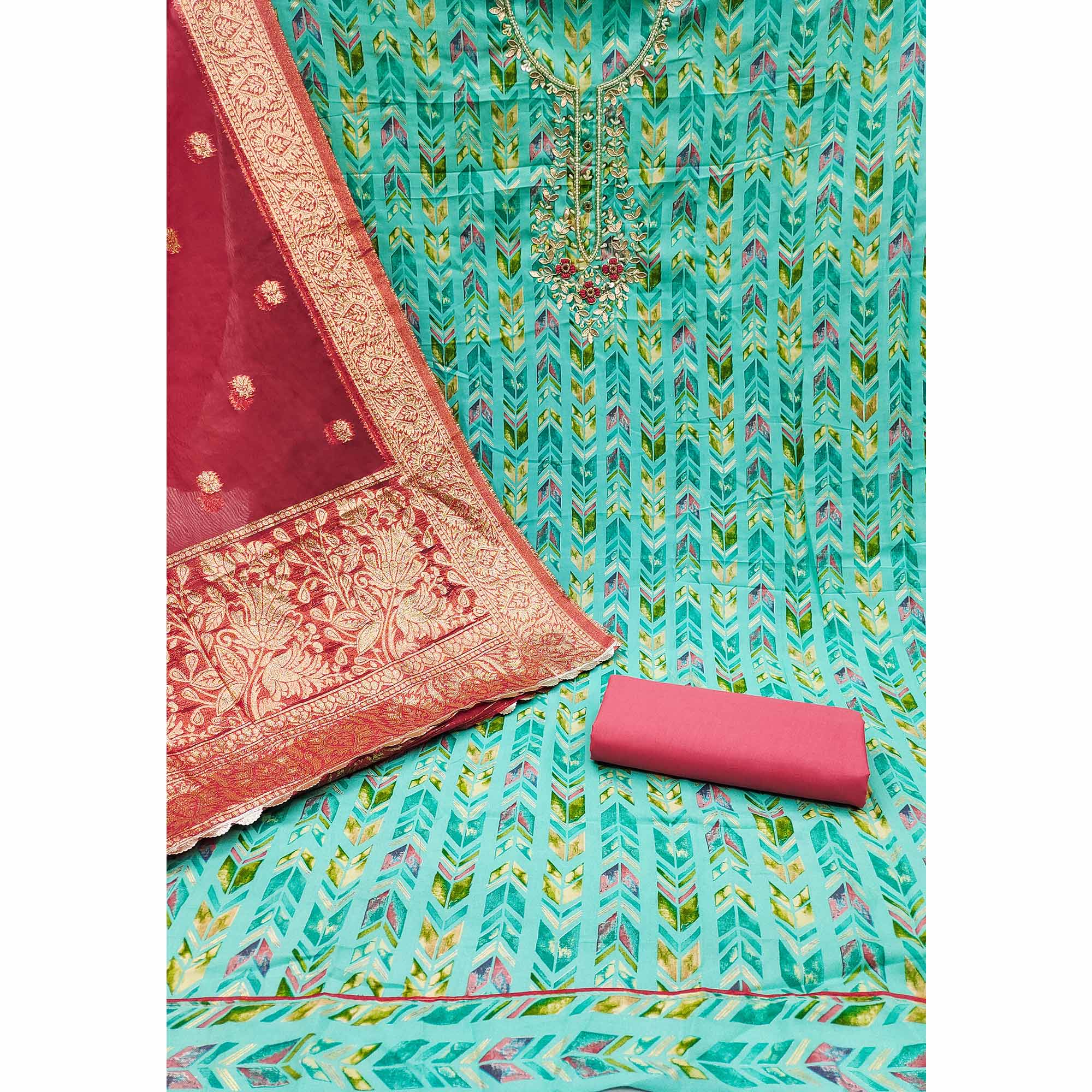 Turquoise Digital Printed With Handwork Pure Cotton Dress Material - Image 2