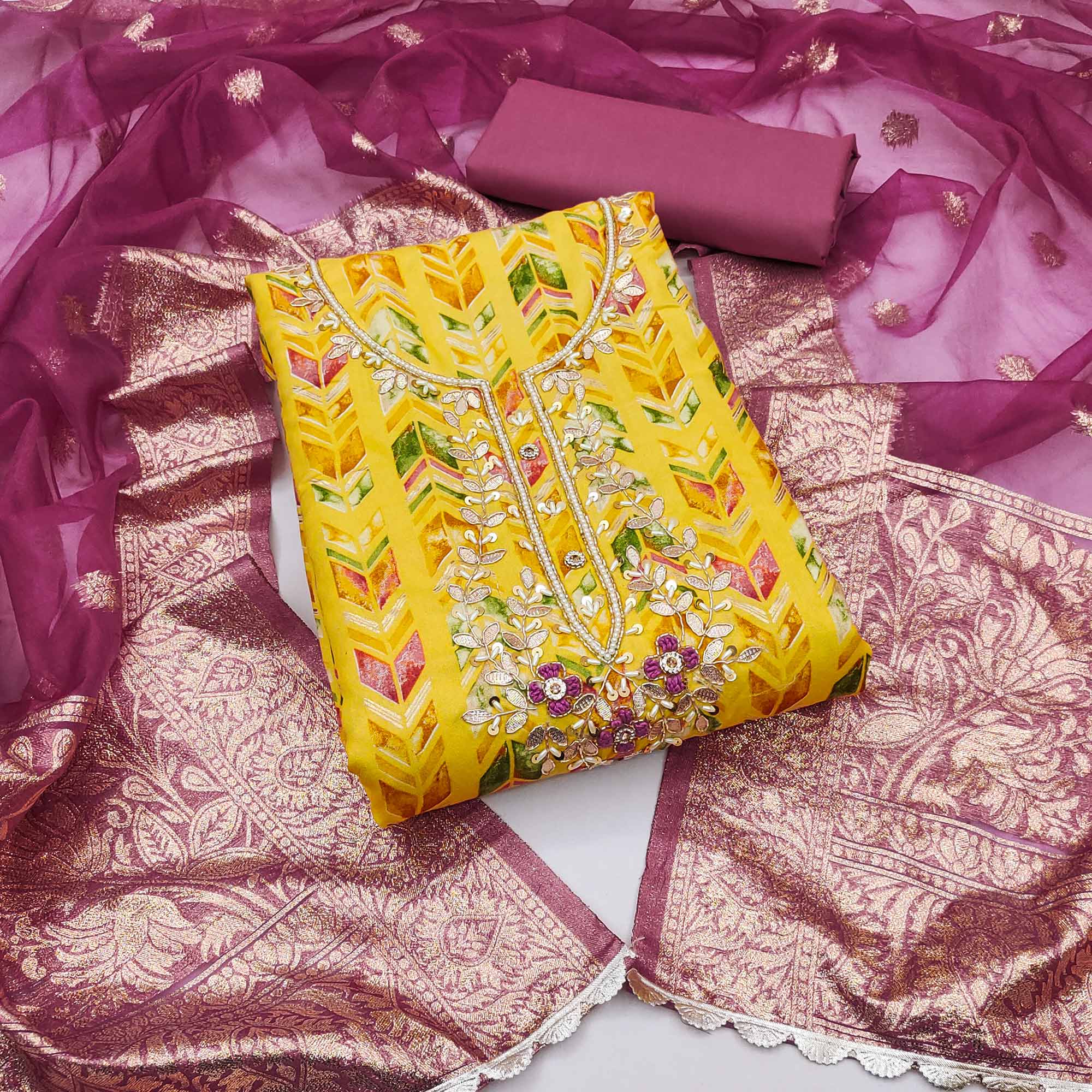 Yellow Digital Printed With Handwork Pure Cotton Dress Material