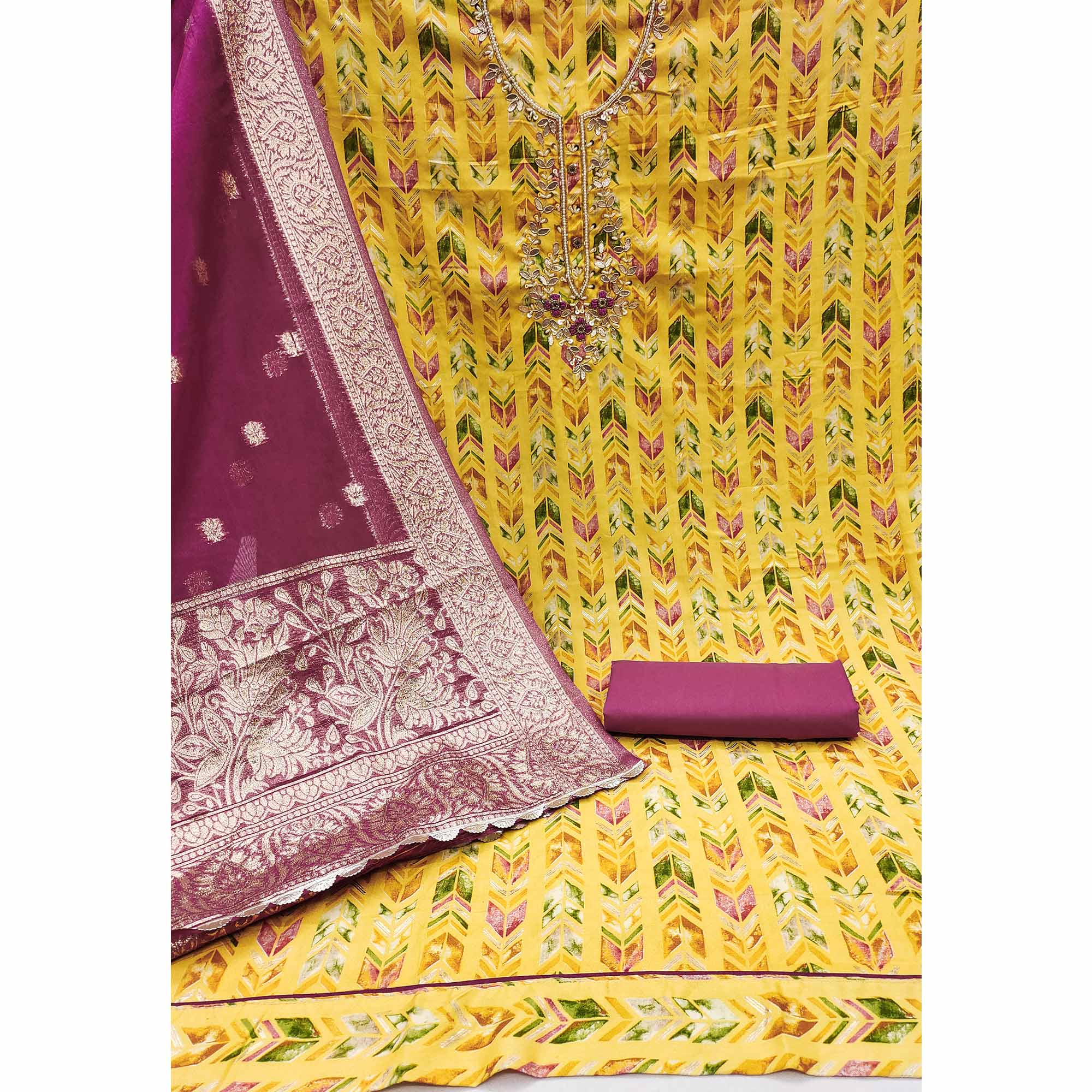 Yellow Digital Printed With Handwork Pure Cotton Dress Material - Image 2