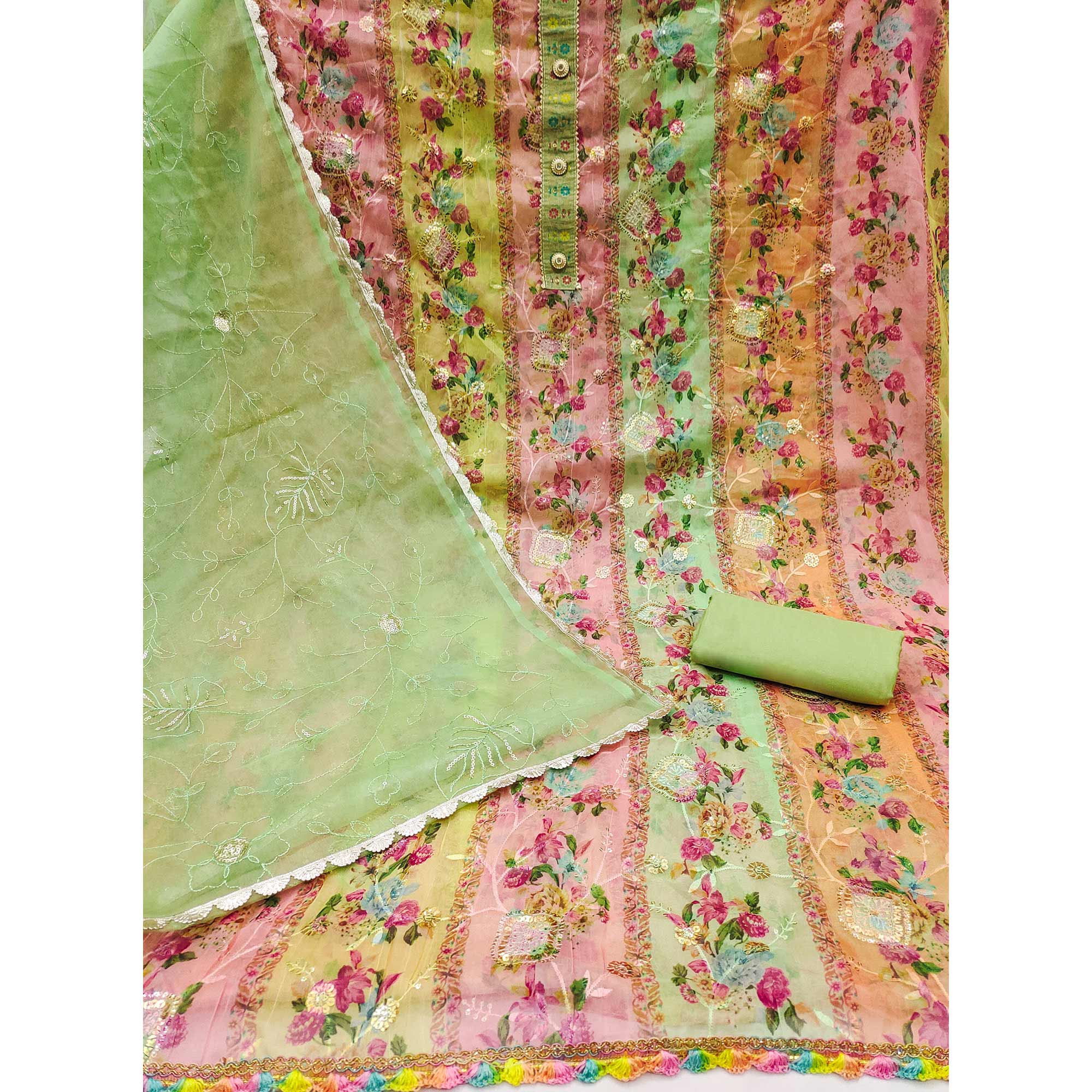 Green Floral Embroidered With Printed Organza Dress Material - Image 2