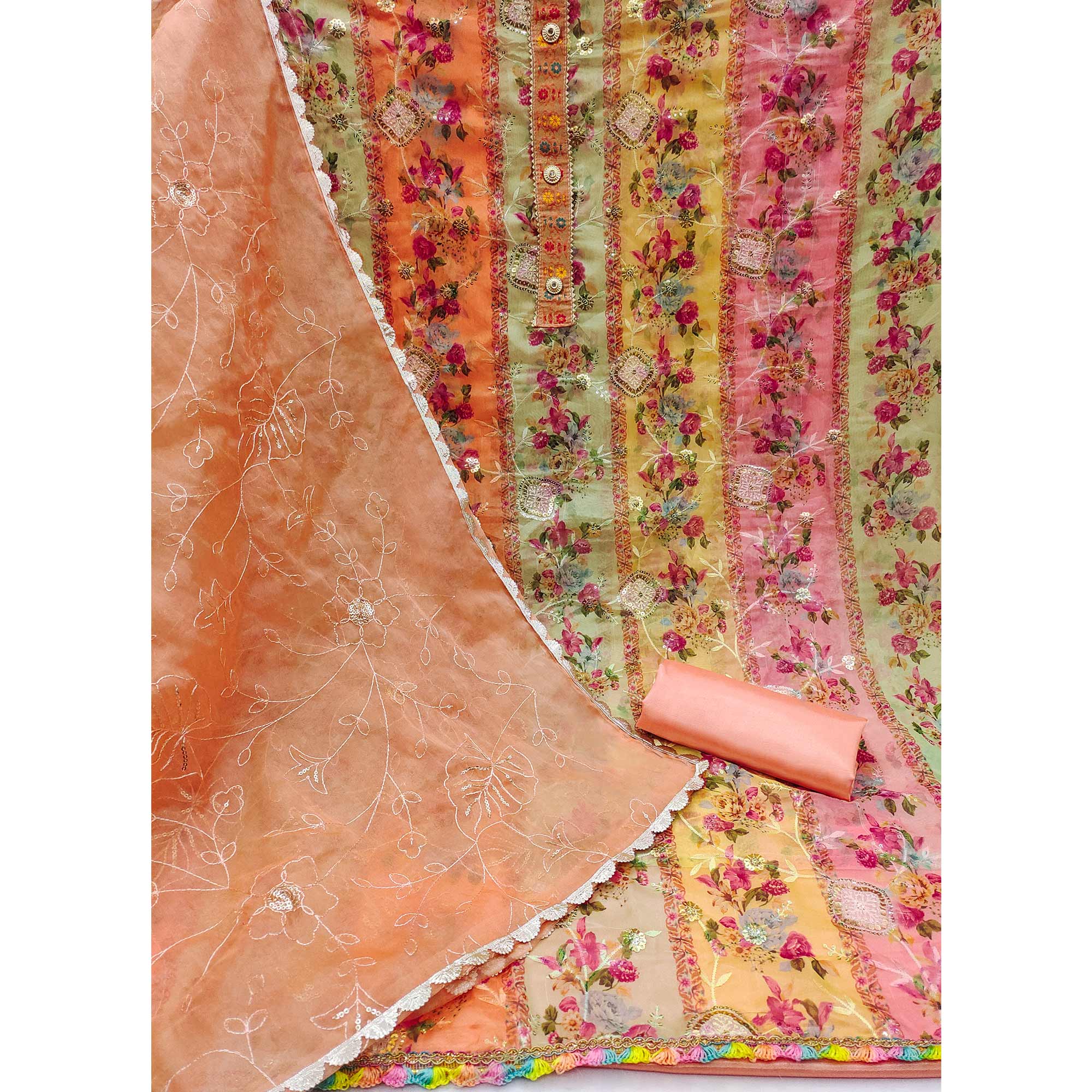 Peach Floral Embroidered With Printed Organza Dress Material - Image 2
