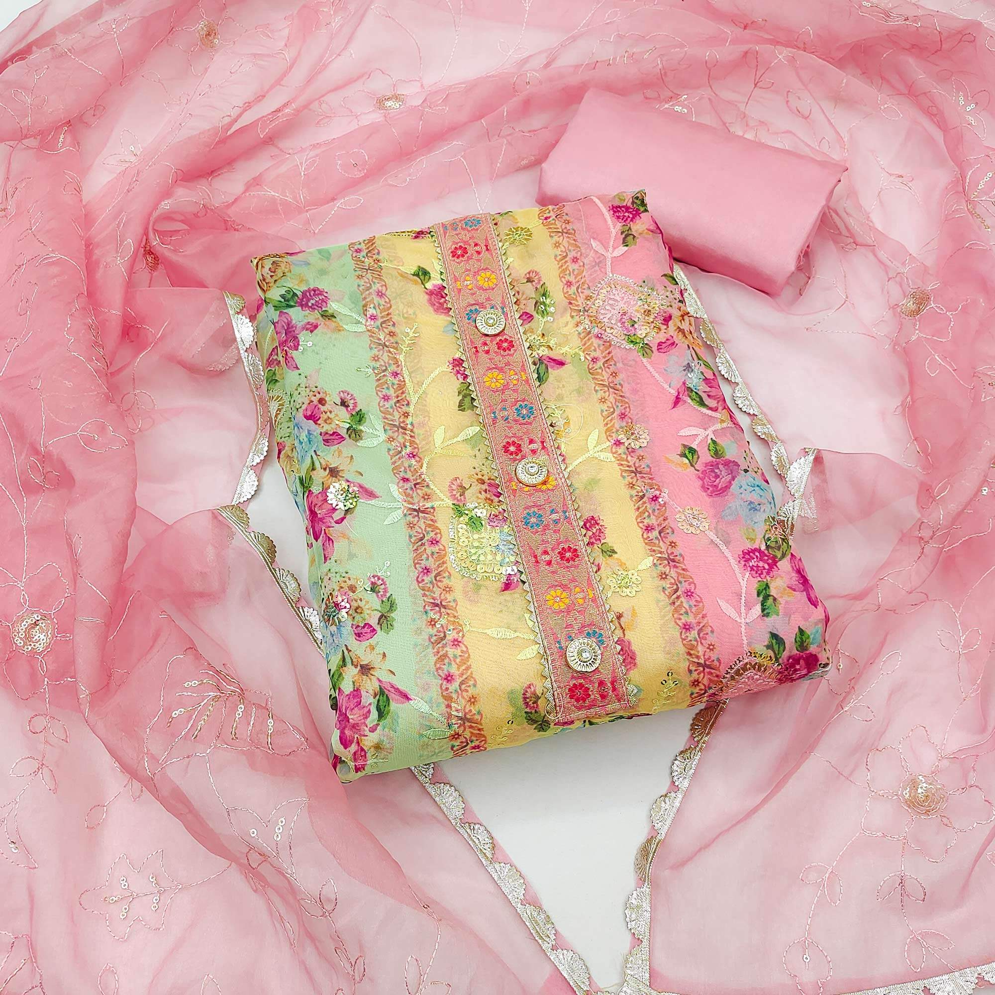 Pink Floral Embroidered With Printed Organza Dress Material