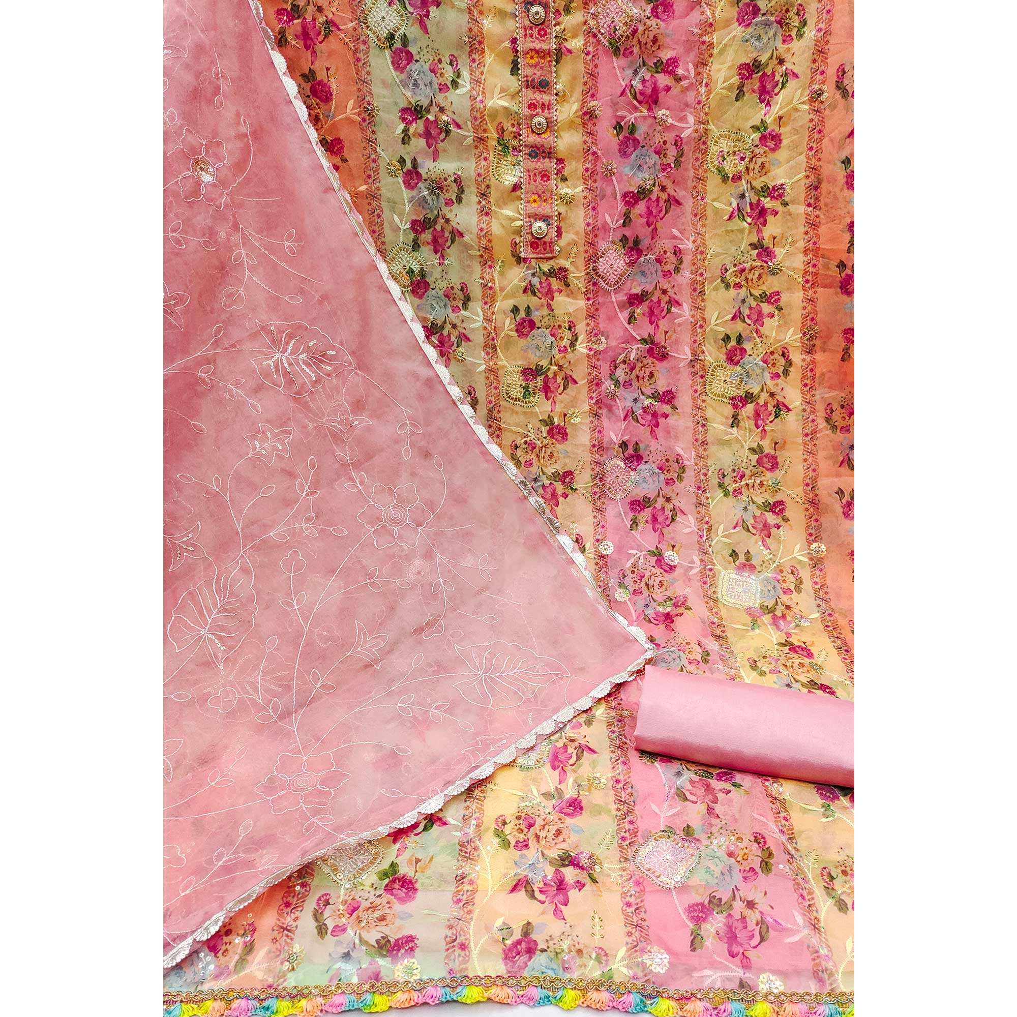 Pink Floral Embroidered With Printed Organza Dress Material - Image 2