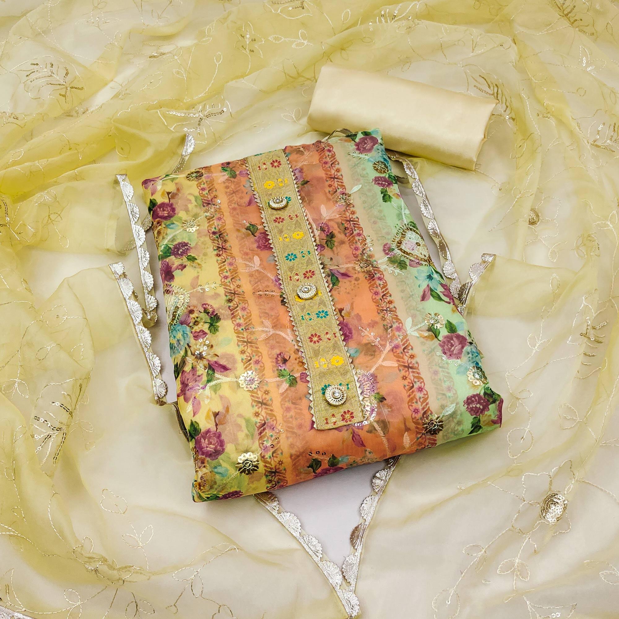 Yellow Floral Embroidered With Printed Organza Dress Material