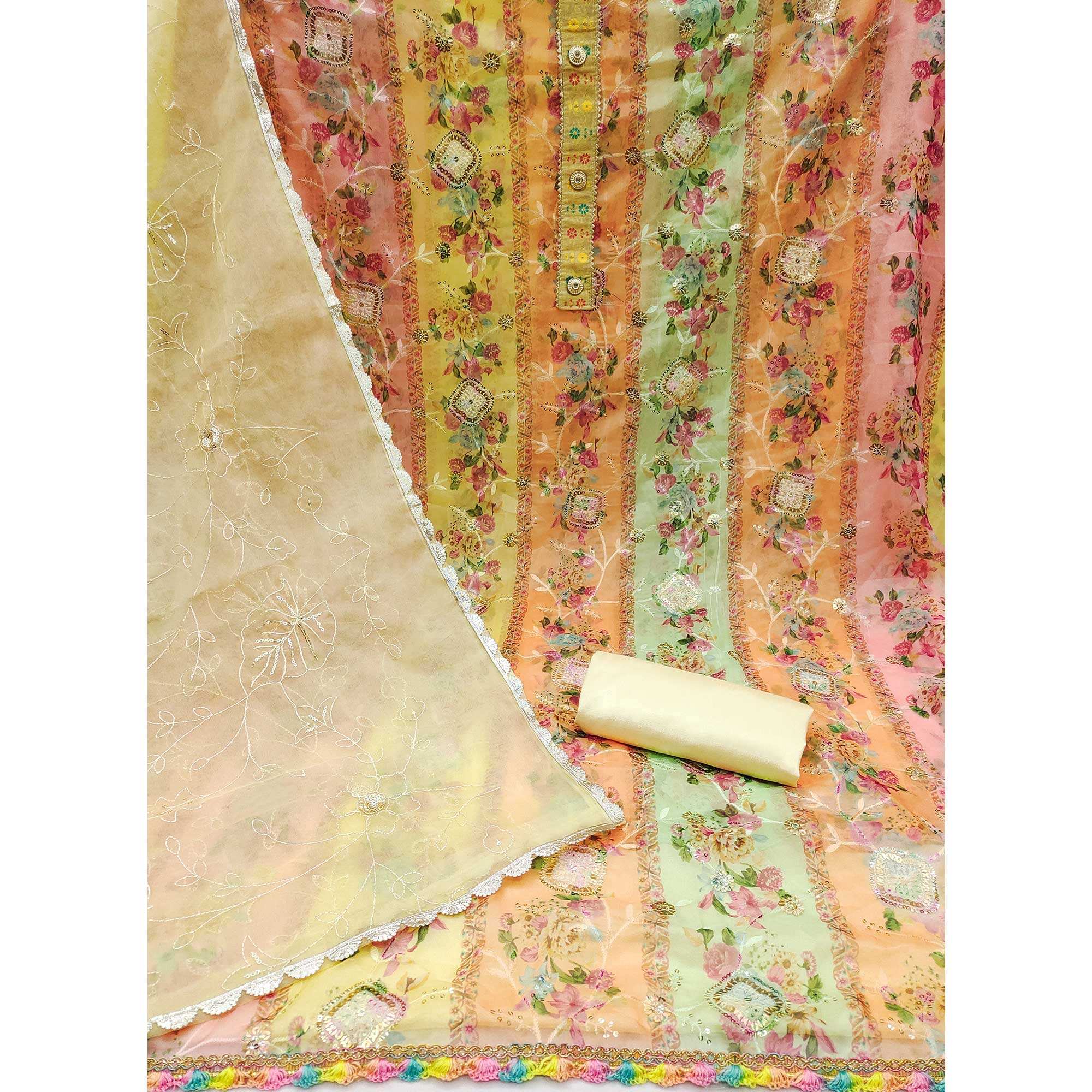 Yellow Floral Embroidered With Printed Organza Dress Material - Image 2