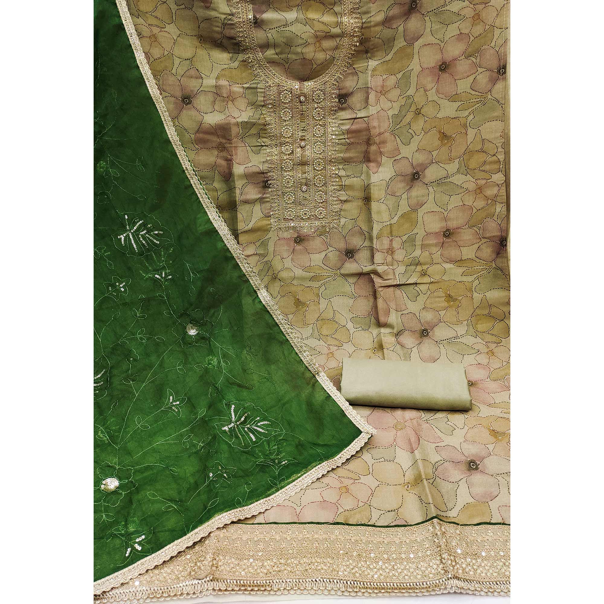 Green Floral Digital Printed Cotton Blend Dress Material - Image 2