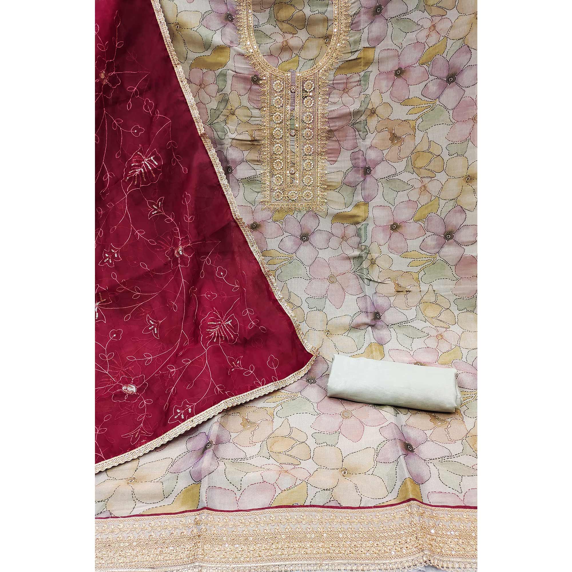 Grey Floral Digital Printed Cotton Blend Dress Material - Image 2