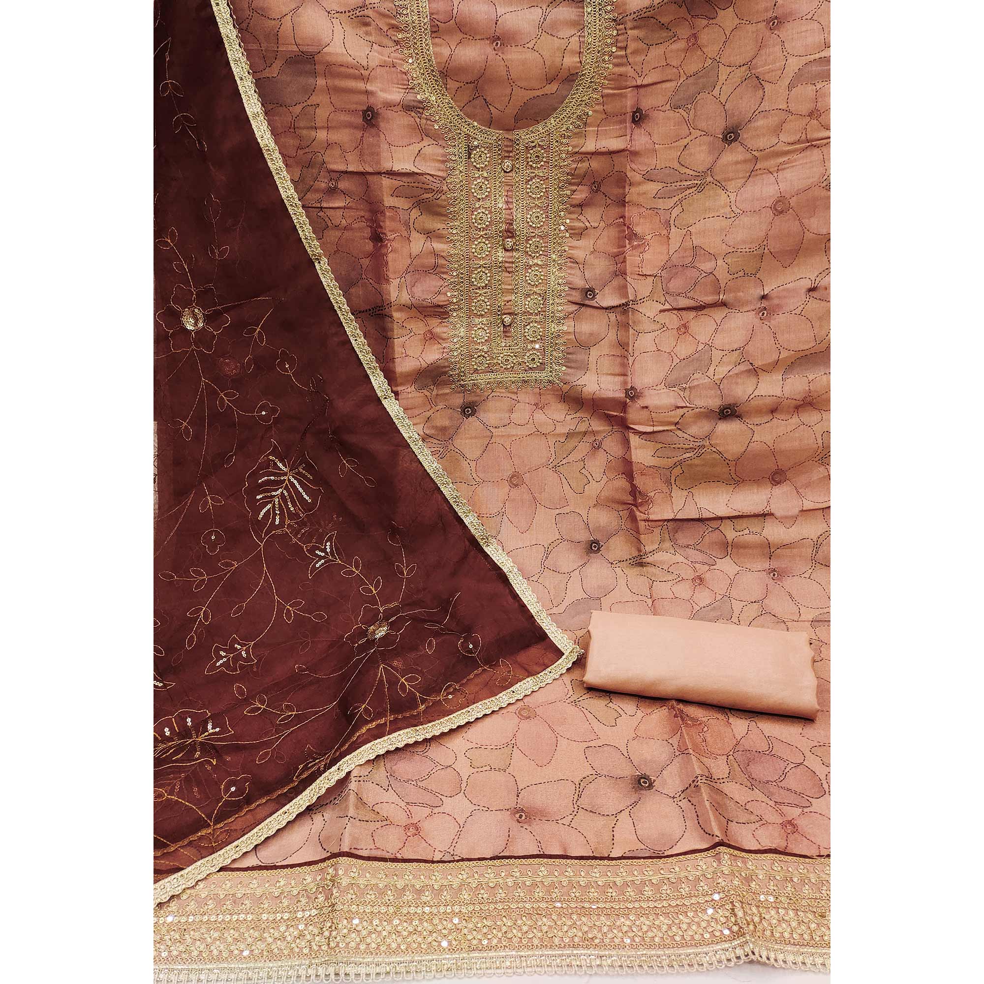 Peach Floral Digital Printed Cotton Blend Dress Material - Image 2