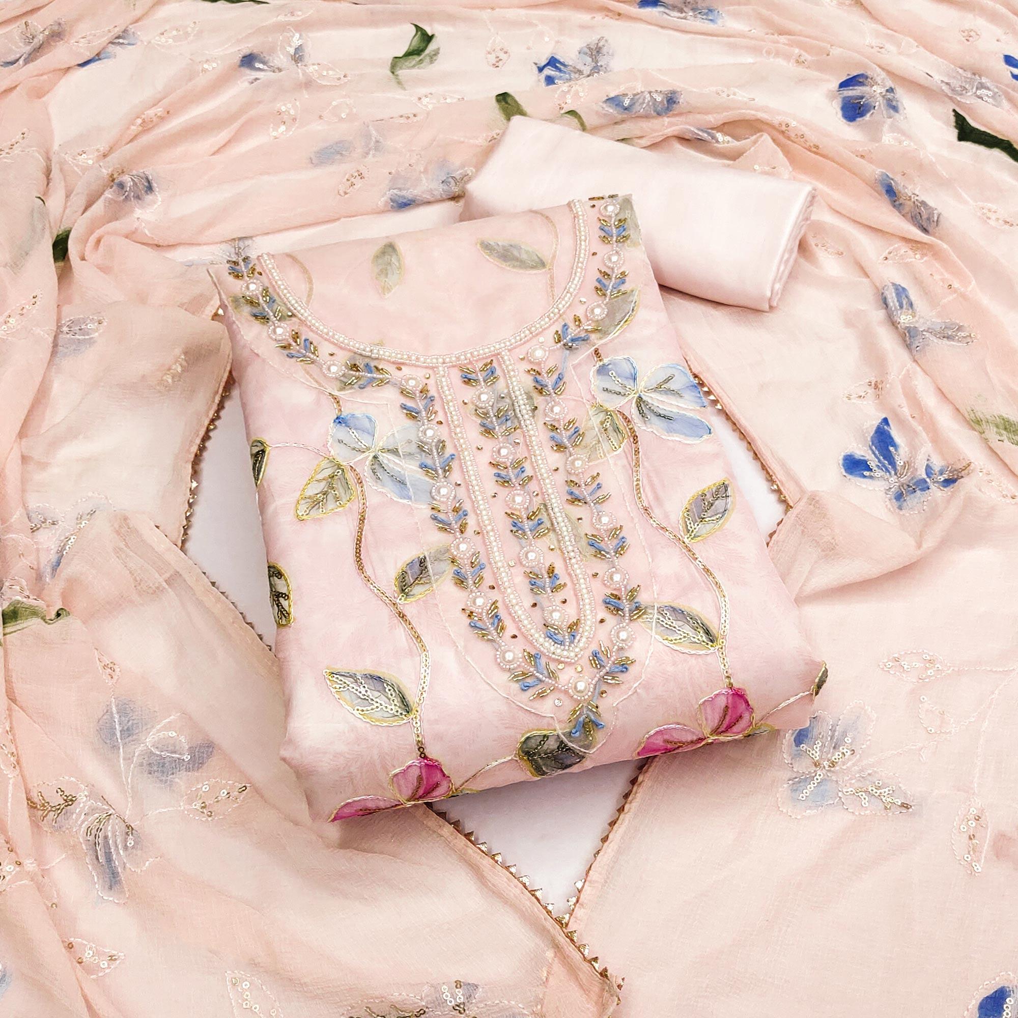 Light Peach Floral Printed Organza Dress Material