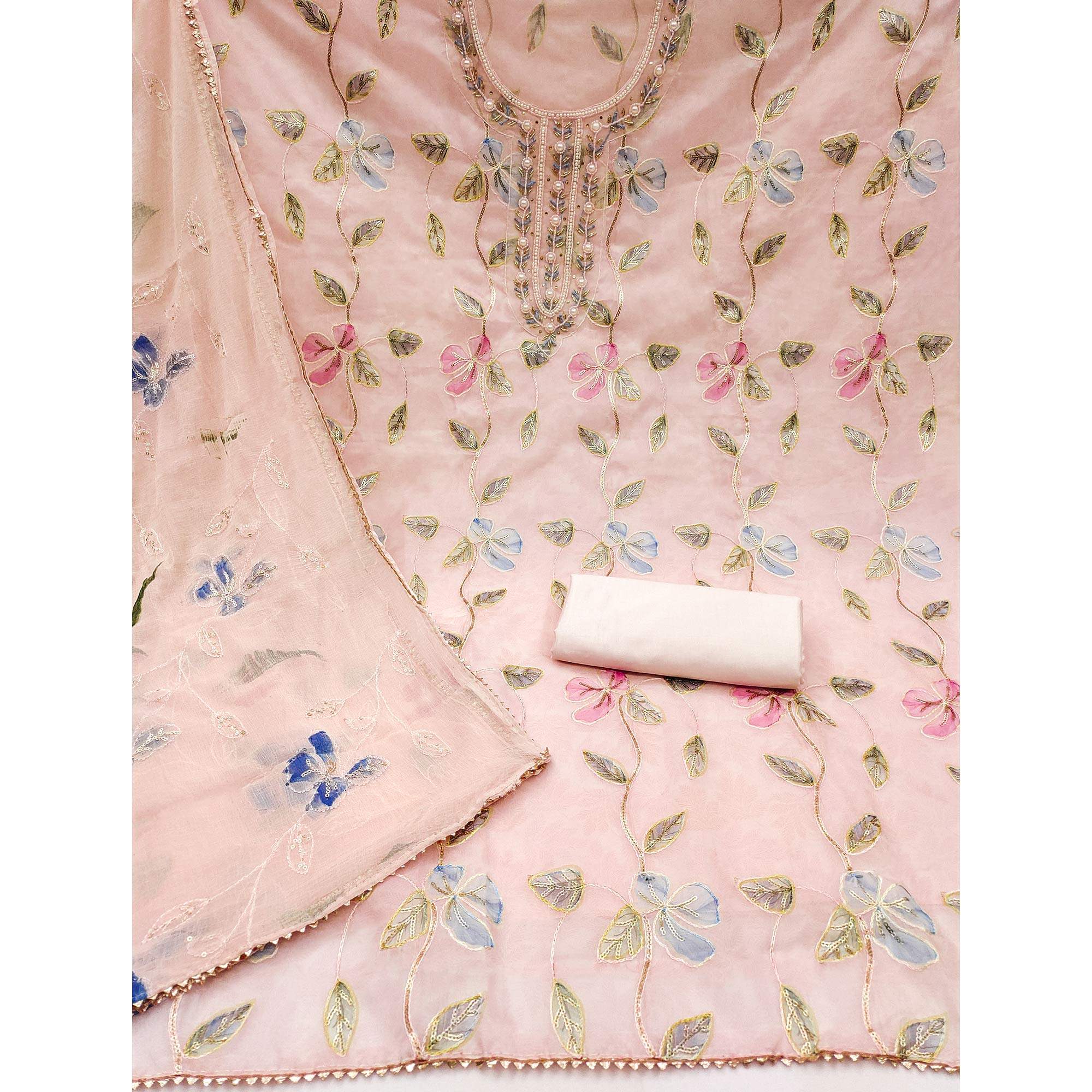 Light Peach Floral Printed Organza Dress Material - Image 2