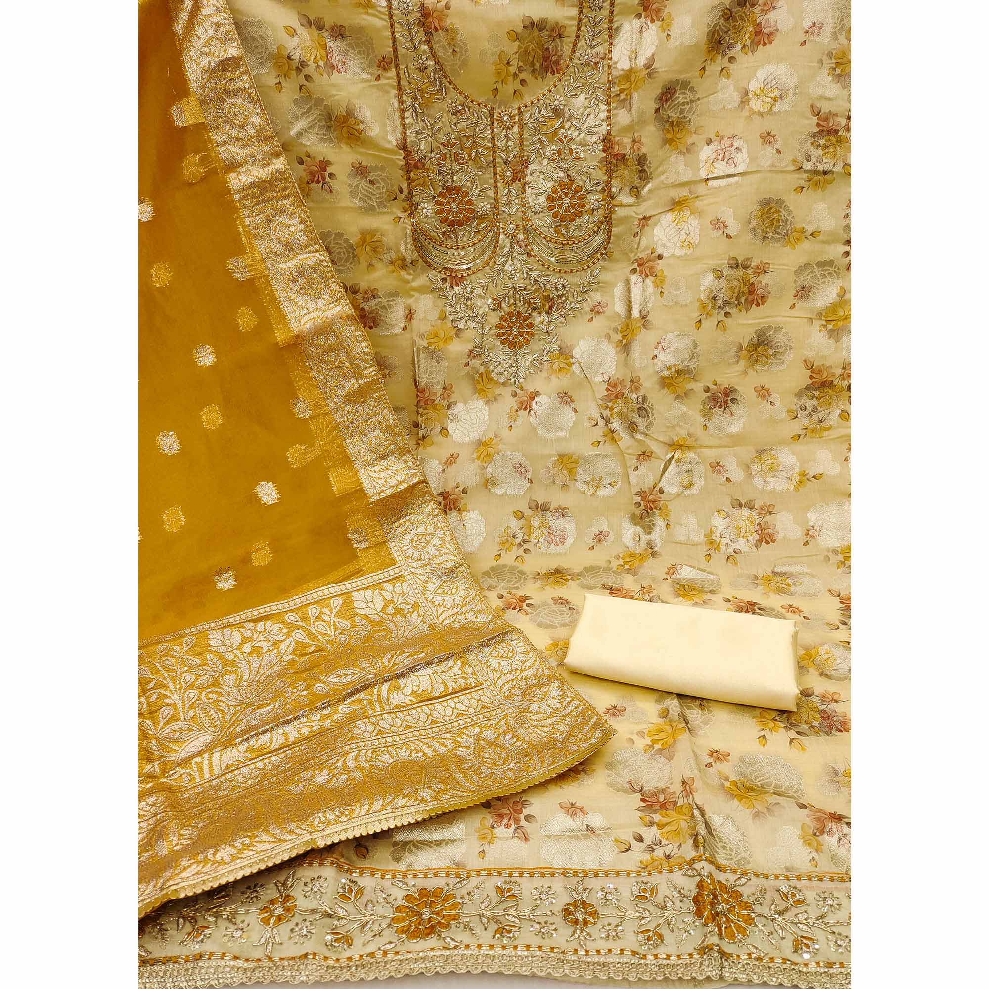 Cream Floral Woven Banarasi Silk Dress Material - Image 2