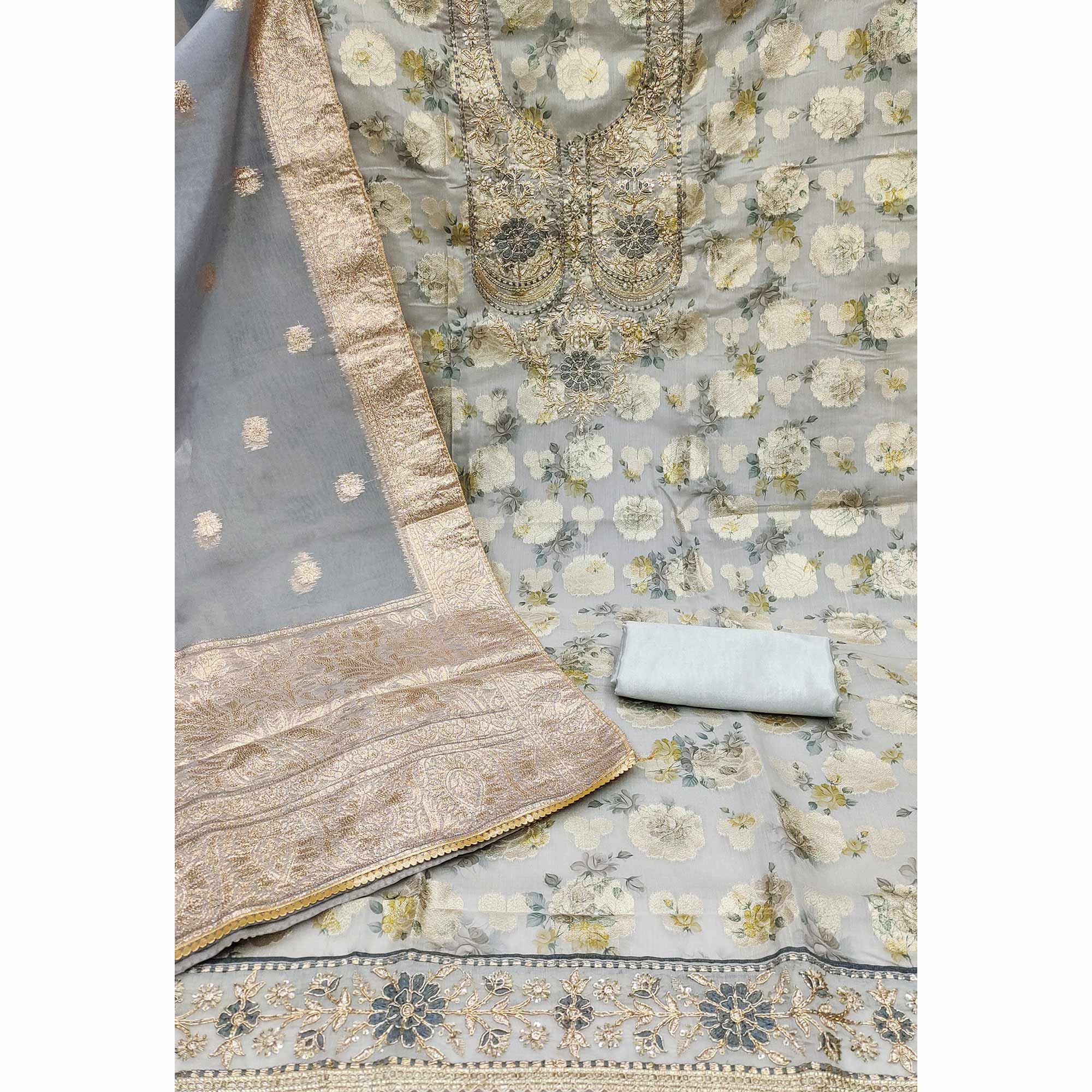 Grey Floral Woven Banarasi Silk Dress Material - Image 2