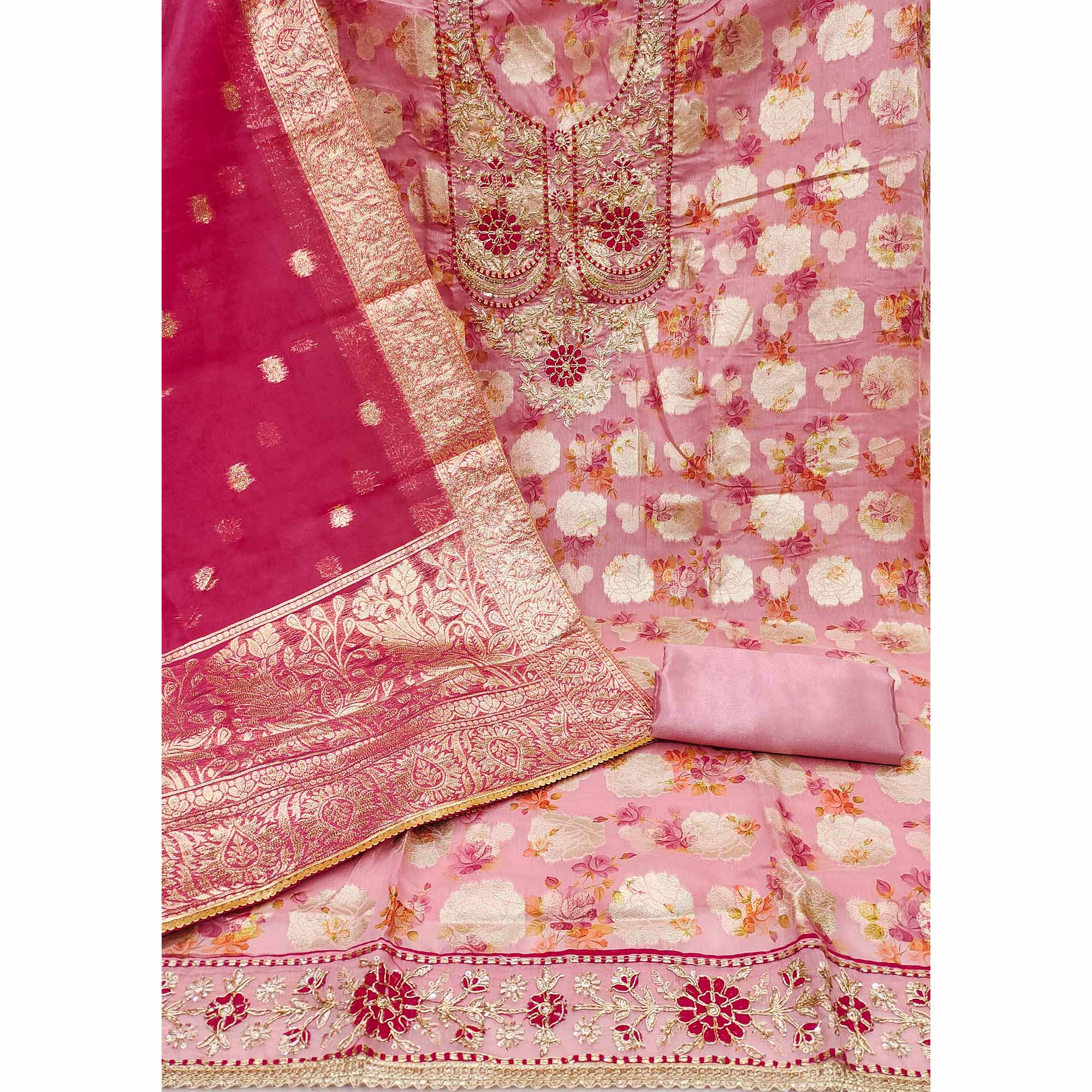 Pink Floral Woven Banarasi Silk Dress Material - Image 2