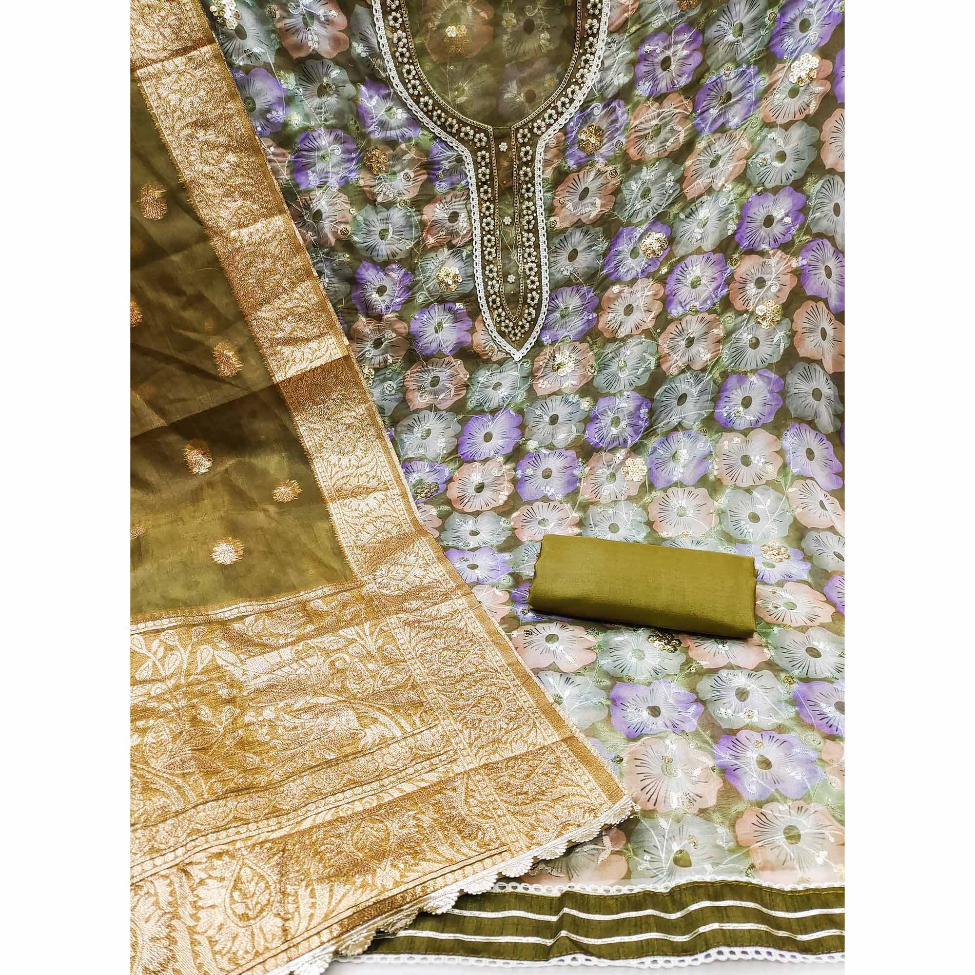 Olive Green Floral Printed With Embroidered Organza Dress Material - Image 2