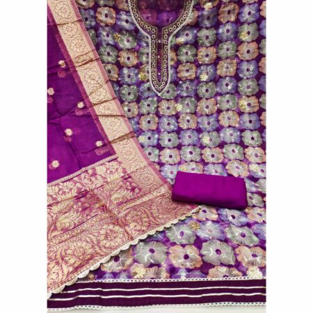 Purple Floral Printed With Embroidered Organza Dress Material - Image 2