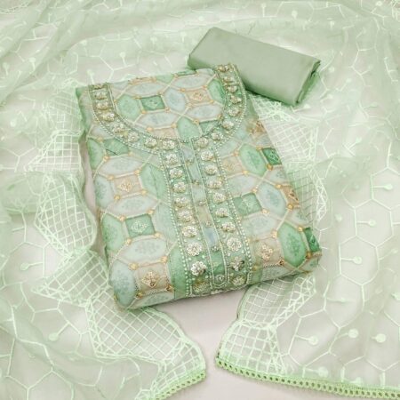Sea Green Sequence Embroidered Organza Dress Material