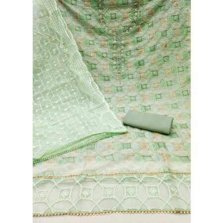 Sea Green Sequence Embroidered Organza Dress Material - Image 2