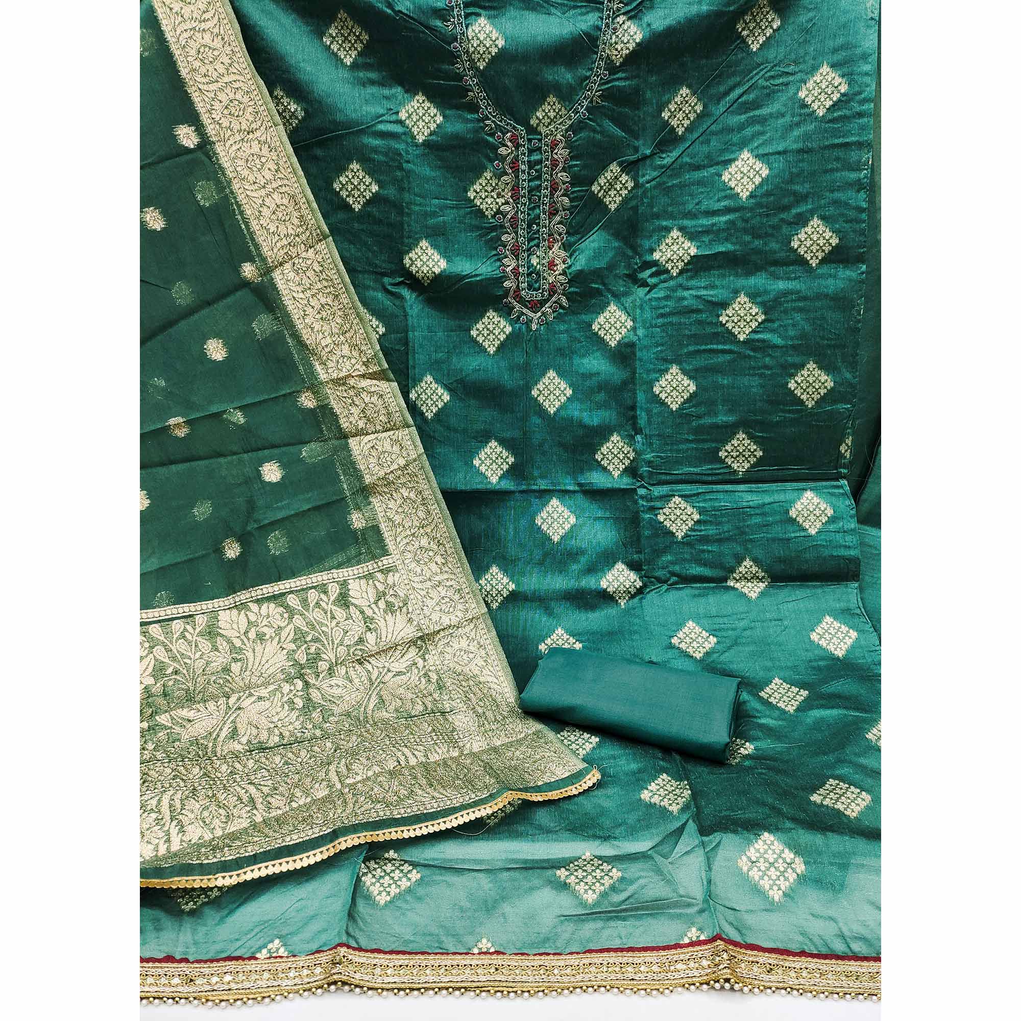 Morpich Green Woven Banarasi Silk Dress Material - Image 2