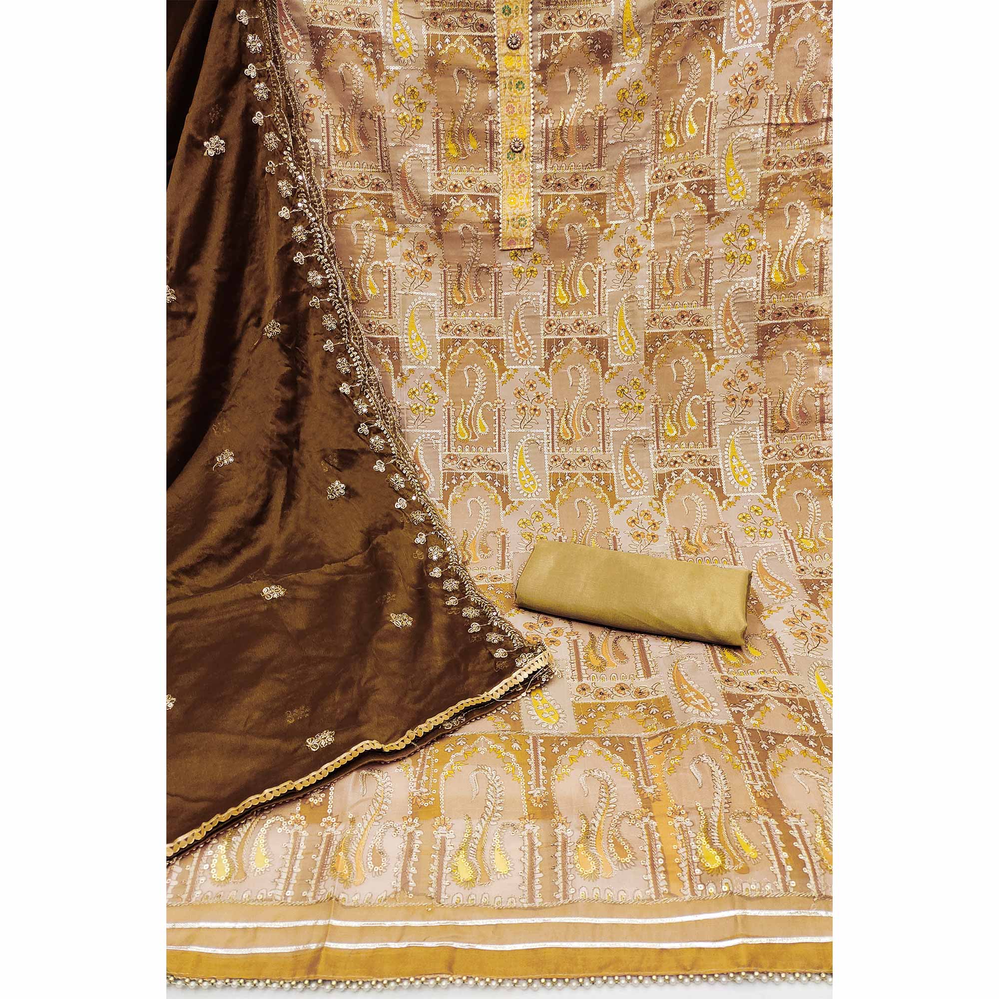 Brown Floral Embroidered With Printed Organza Dress Material - Image 2