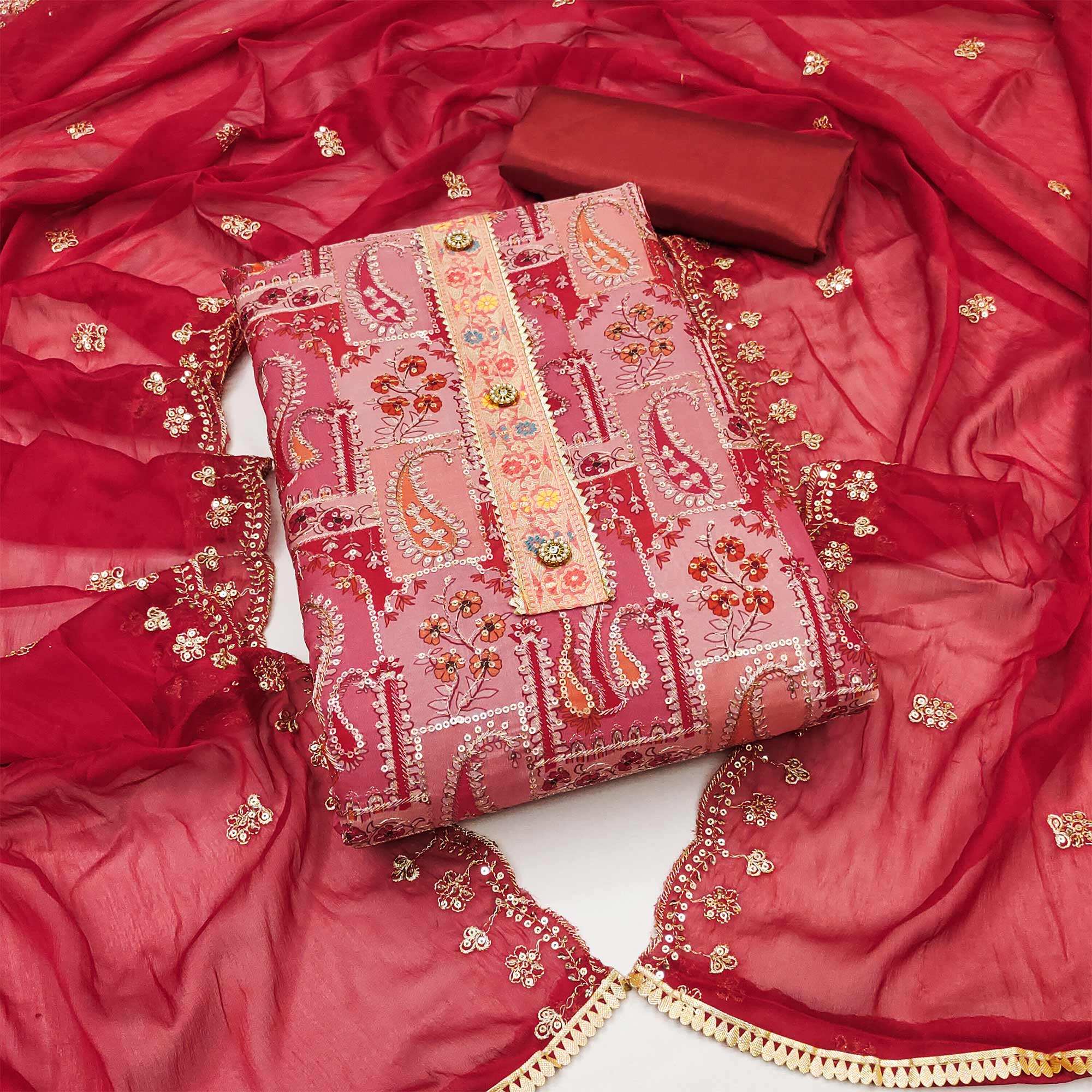 Gajari Red Floral Embroidered With Printed Organza Dress Material