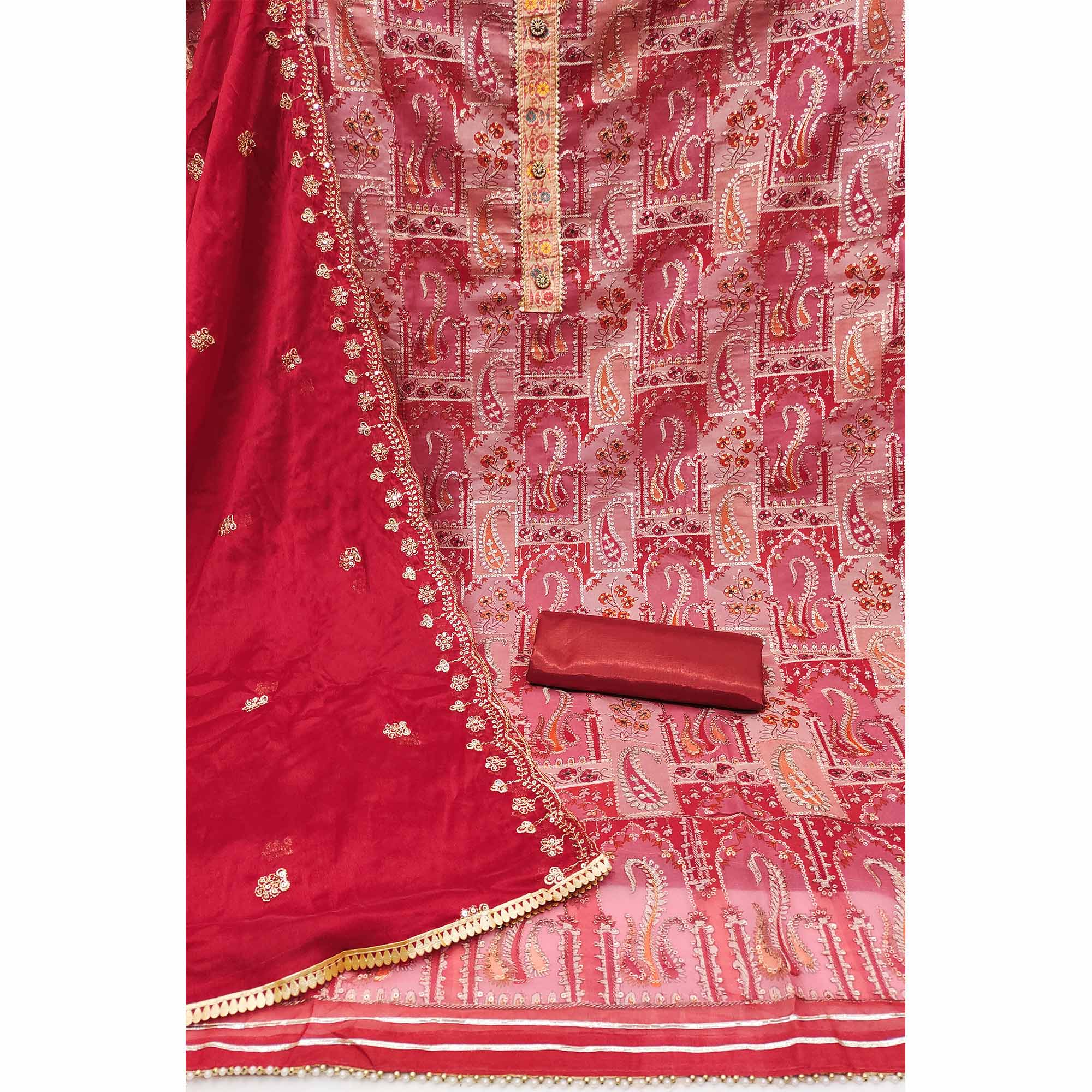 Gajari Red Floral Embroidered With Printed Organza Dress Material - Image 2