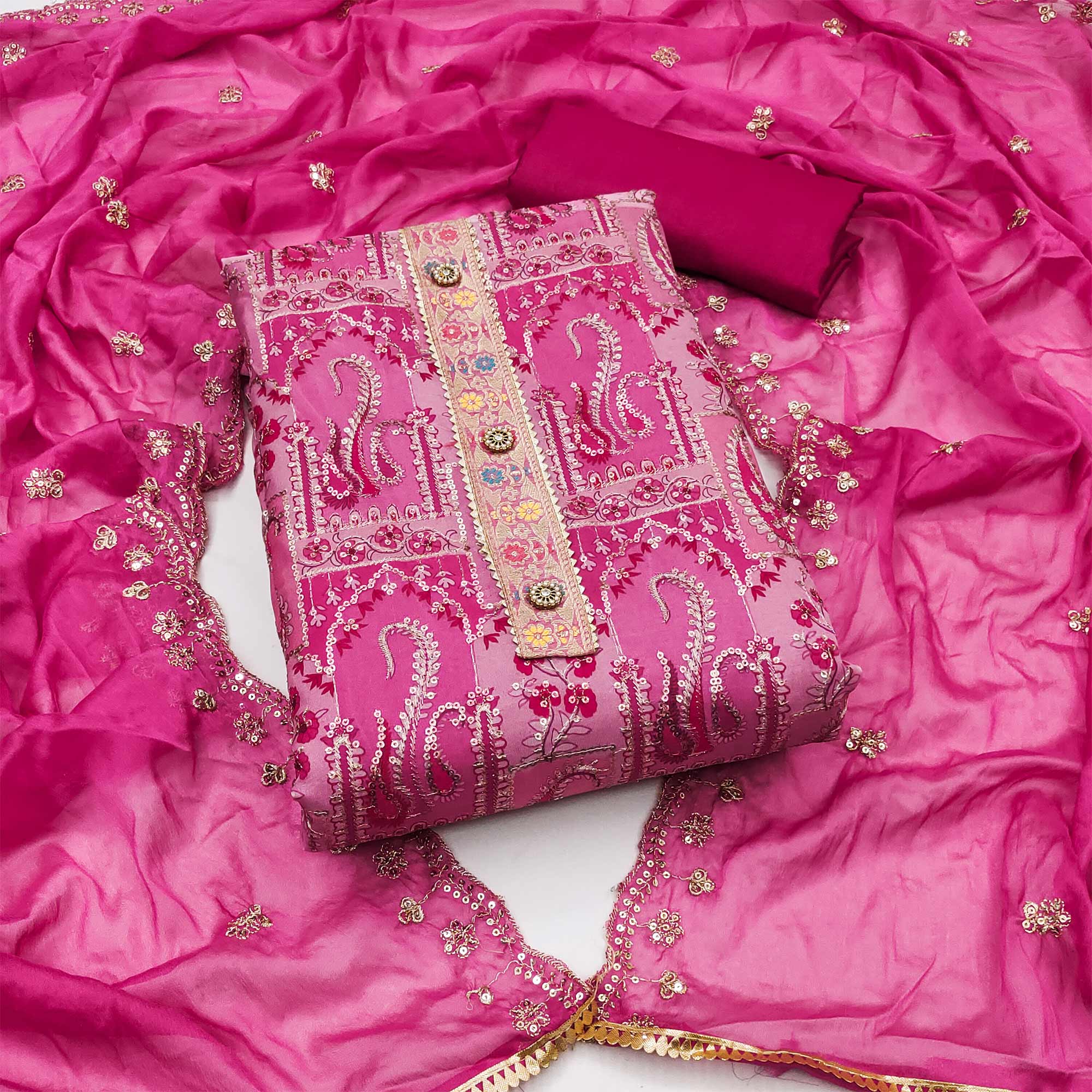 Pink Floral Embroidered With Printed Organza Dress Material