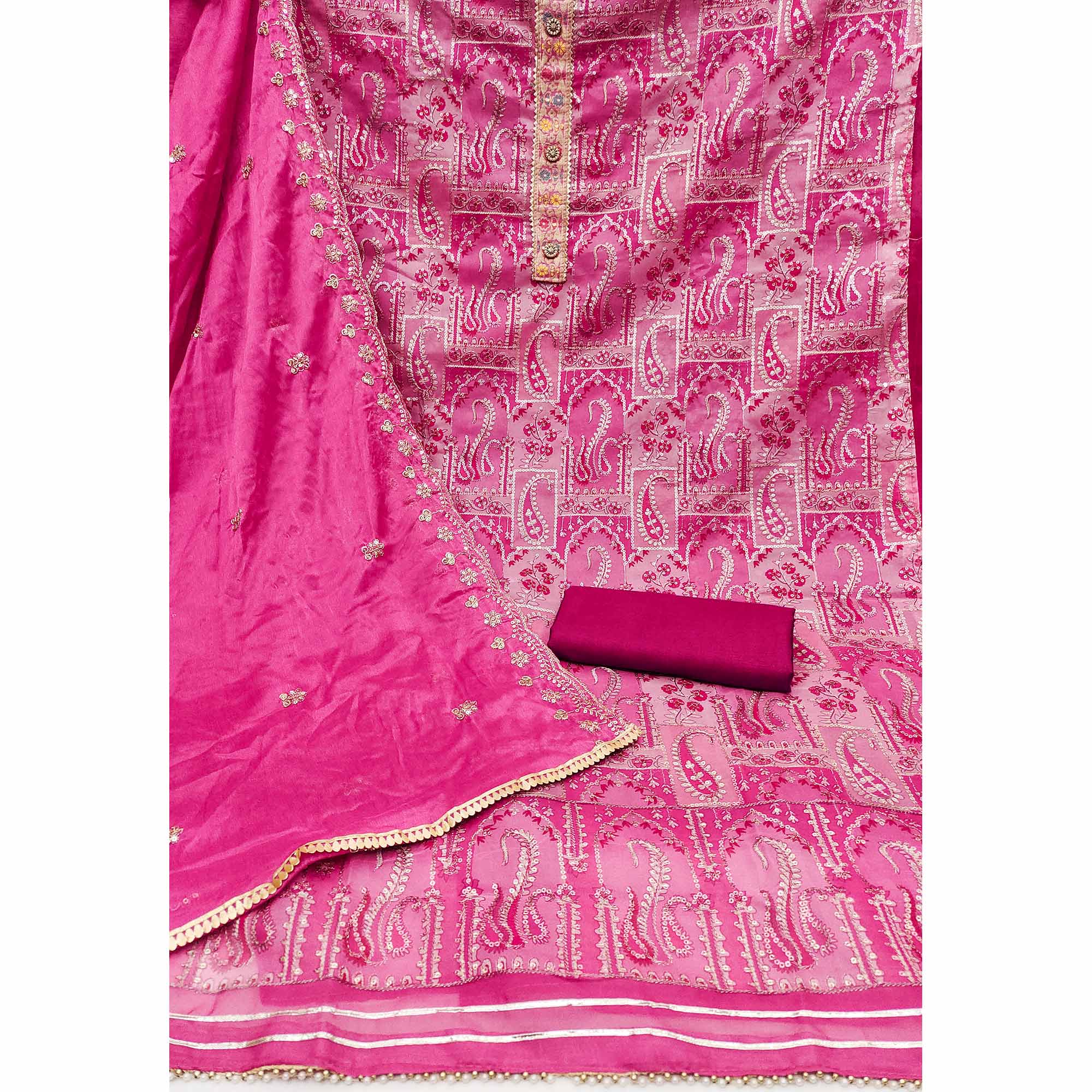 Pink Floral Embroidered With Printed Organza Dress Material - Image 2
