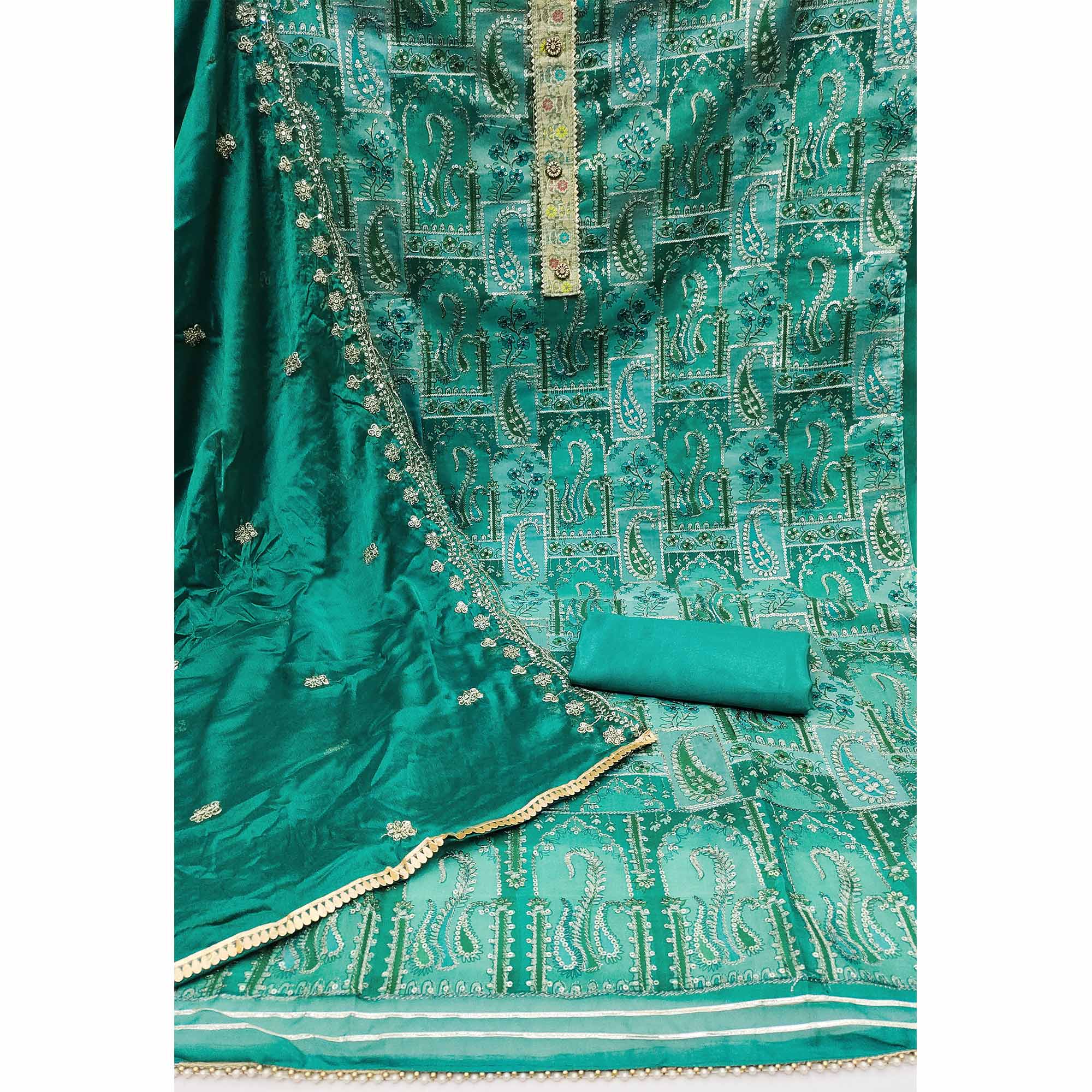 Rama Green Floral Embroidered With Printed Organza Dress Material - Image 2