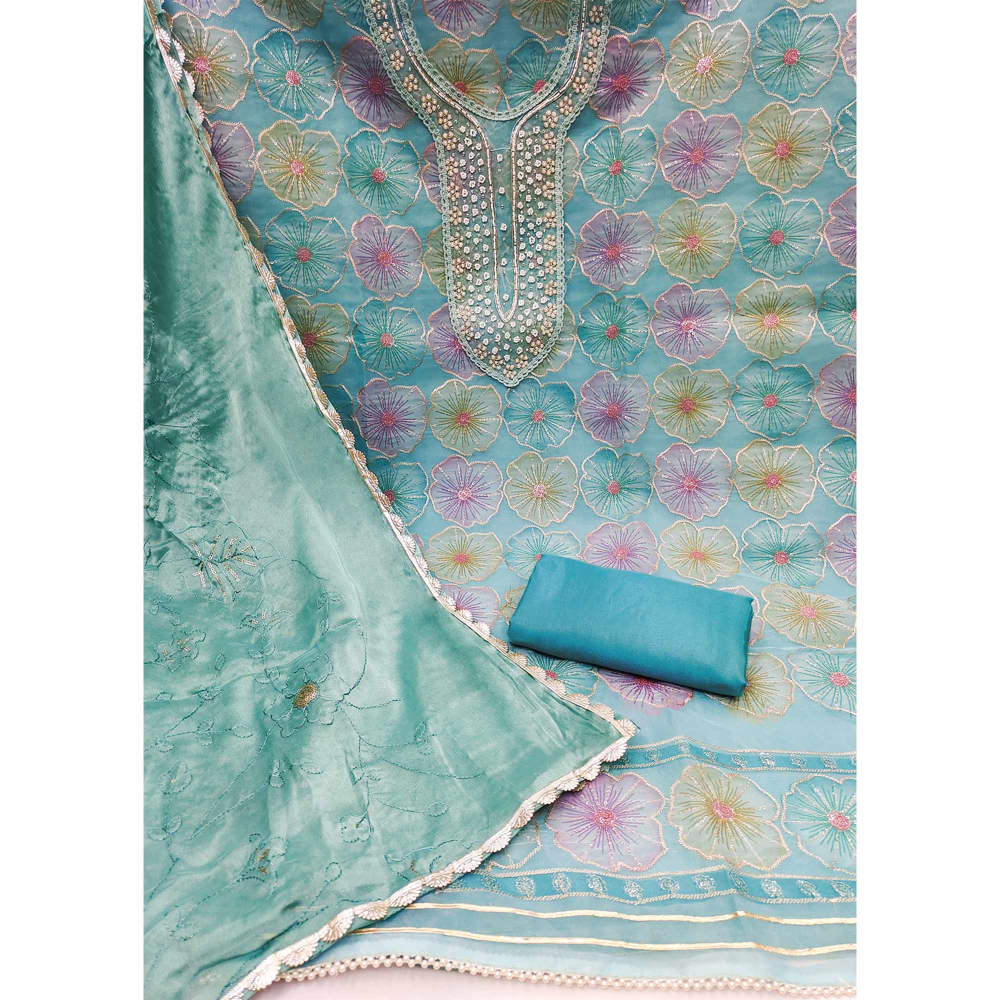 Blue Floral Hand Embroidered Organza Dress Material - Image 2
