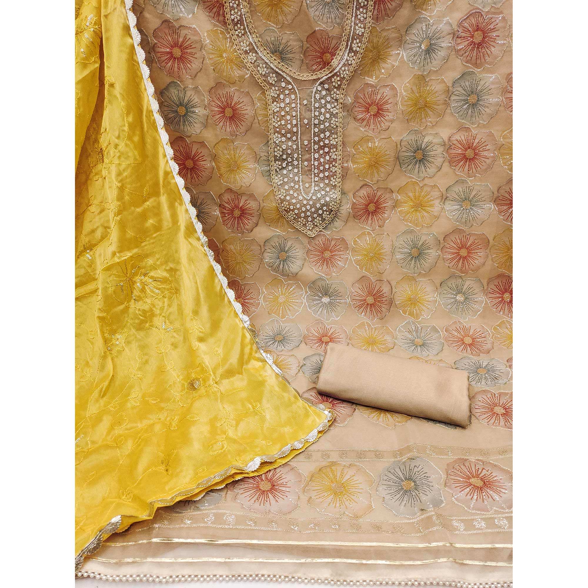 Chikoo Floral Hand Embroidered Organza Dress Material - Image 2